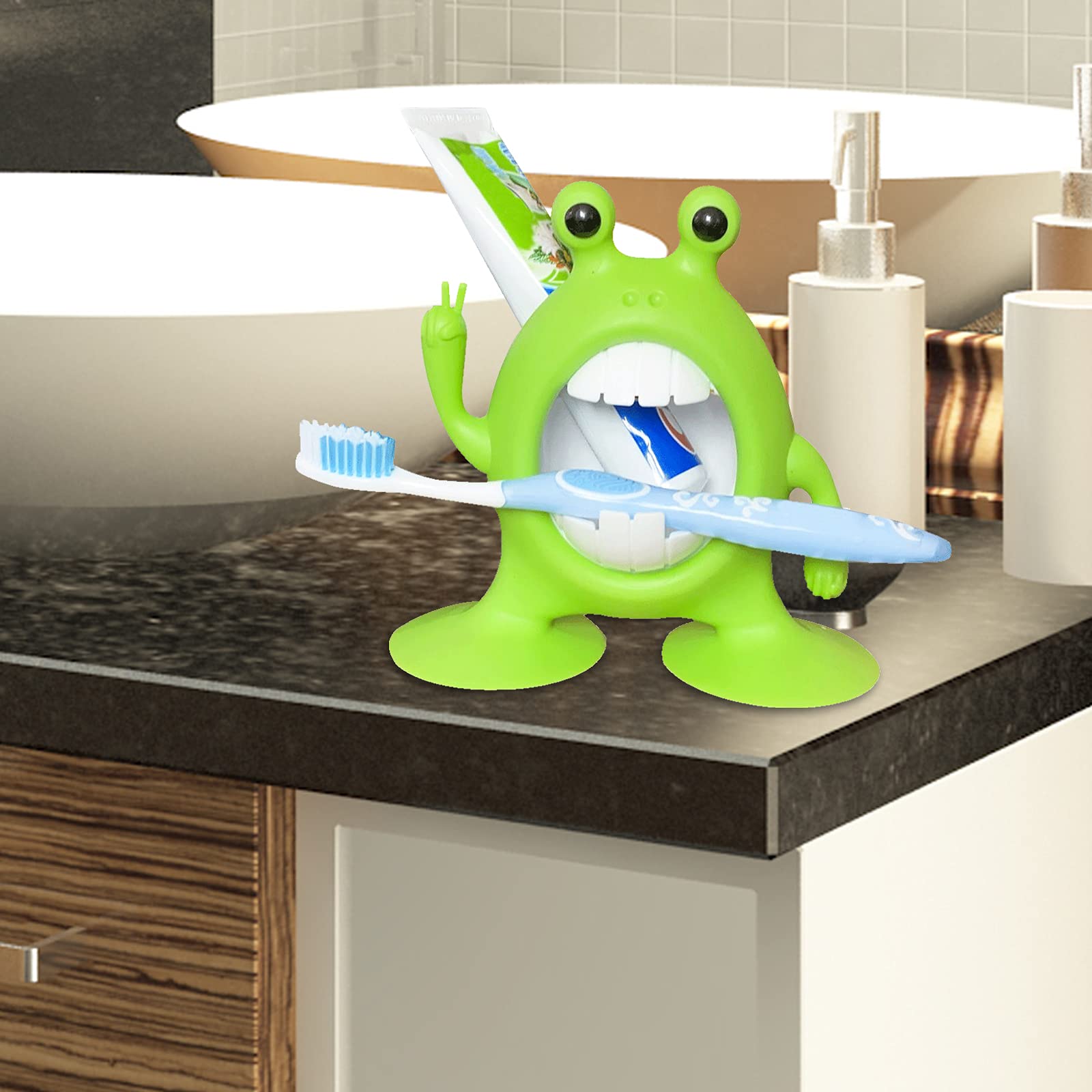 Adorable Cartoon Frog Toothbrush Holder for Kids - Toddler Bathroom Accessories with Toothpaste Cup, Green - Perfect for Boys & Girls Bathroom Decor and Organization