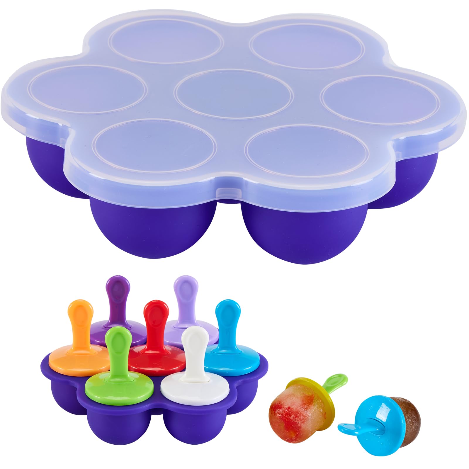 7-Cavity Silicone Popsicle Molds with Lids - Reusable Non-Stick Ice Pop & Baby Food Storage Containers - Perfect for Homemade Treats, Kids Snacks & Party Desserts (Purple)