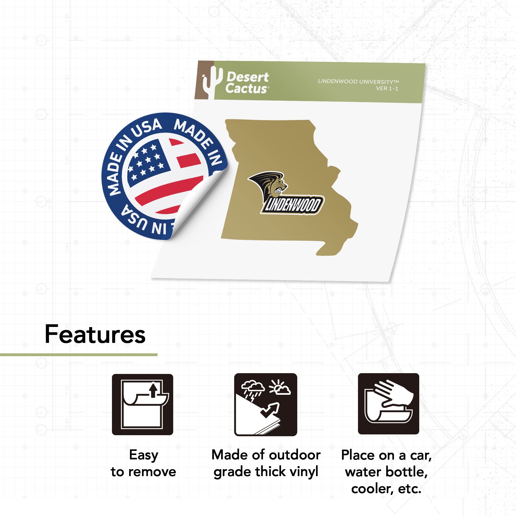 Desert Cactus Lindenwood University Sticker - Lions Vinyl Decal for Laptop, Water Bottle, Car & Scrapbook - State Border Design - Perfect for College Students, Fans & DIY Craft Projects