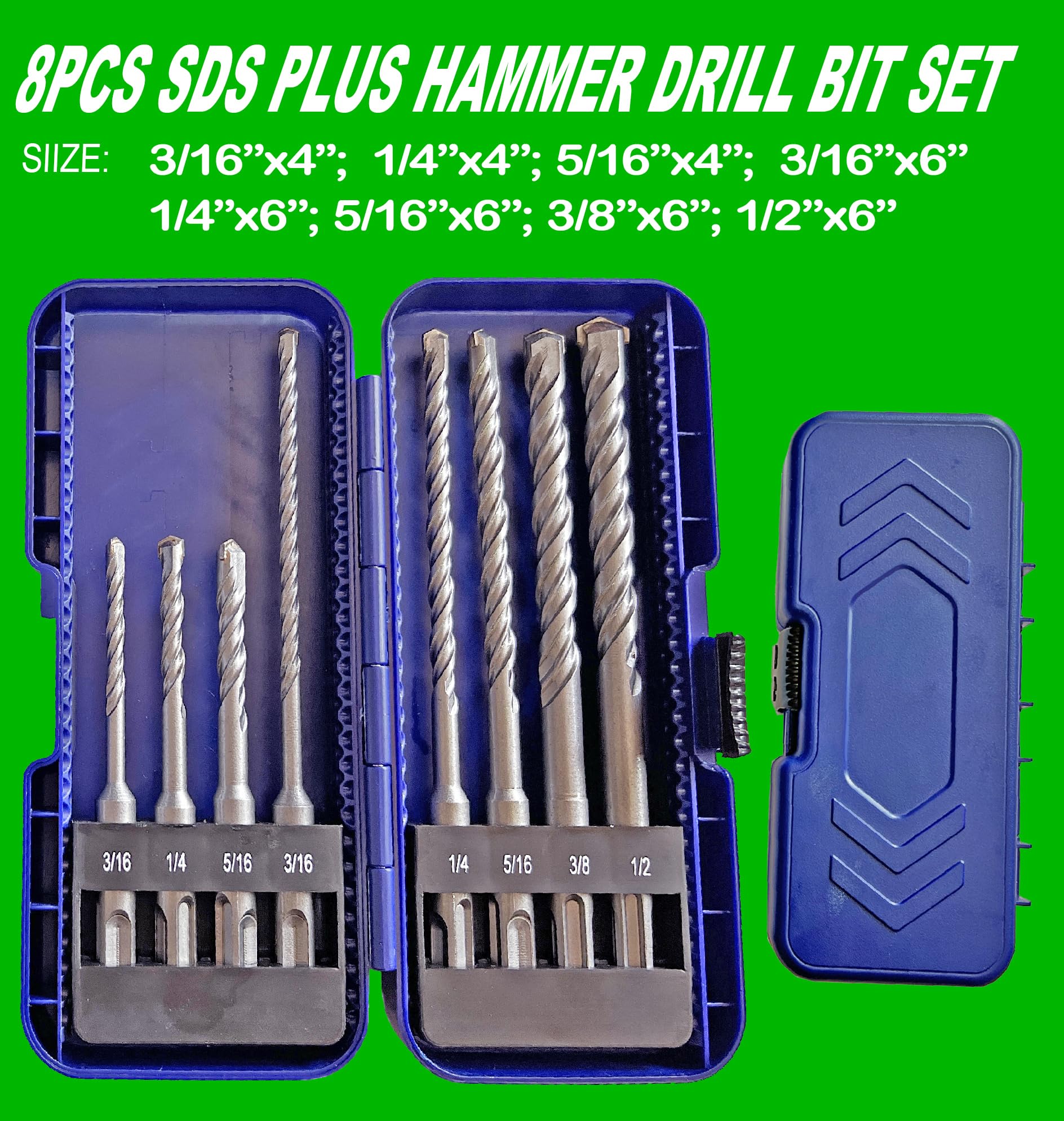 8Pcs SDS Plus Drill Bit Set for Concrete & Masonry - Heavy Duty Rotary Hammer Bits for Rock & Stone Drilling