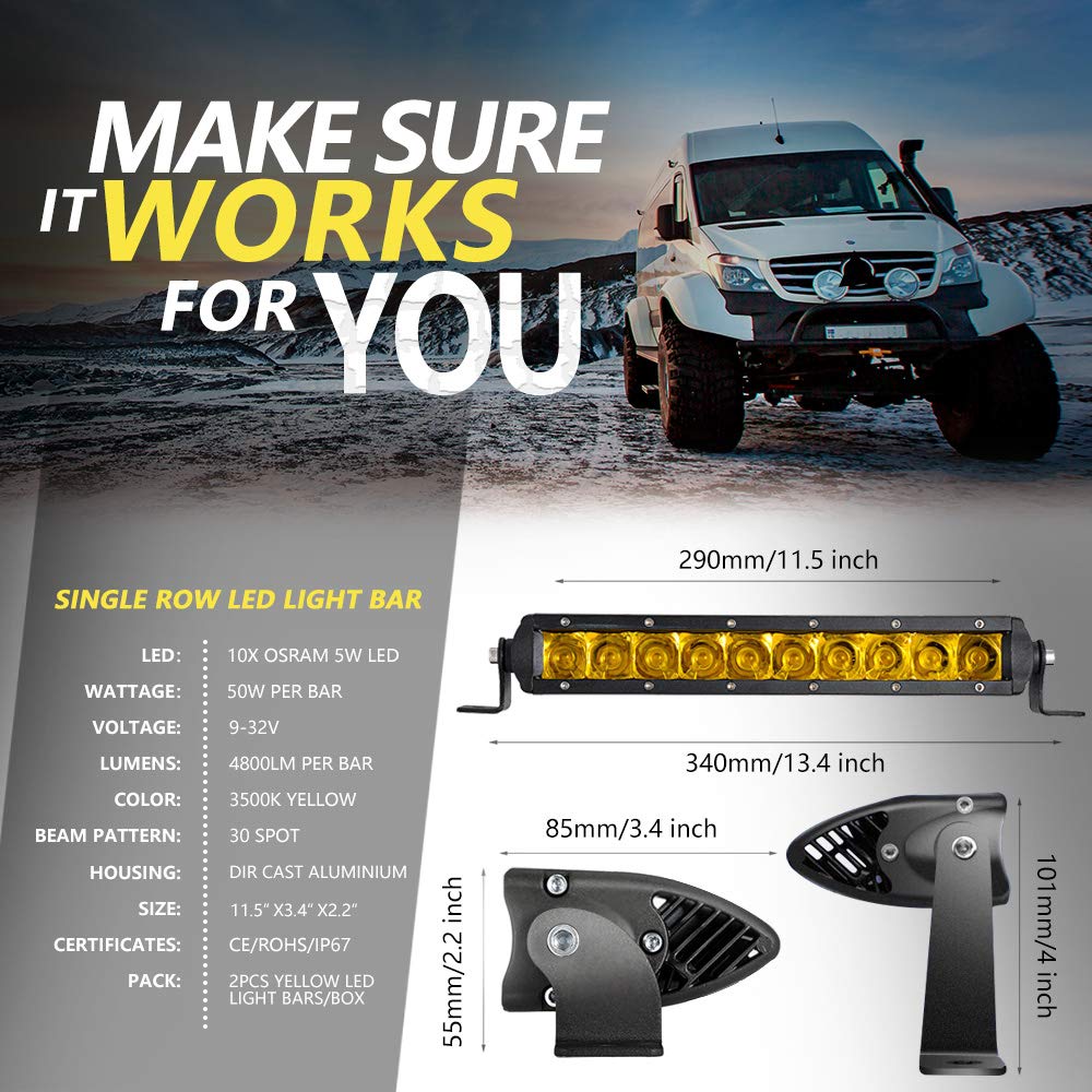 Chelhead 11 Inch 50W Yellow LED Light Bar - Single Row Fog Light with Spot Beam for Trucks, SUVs, Jeeps, UTVs (Compatible with Can Am & Polaris) - Perfect for Off-Roading, Hunting & Night Driving