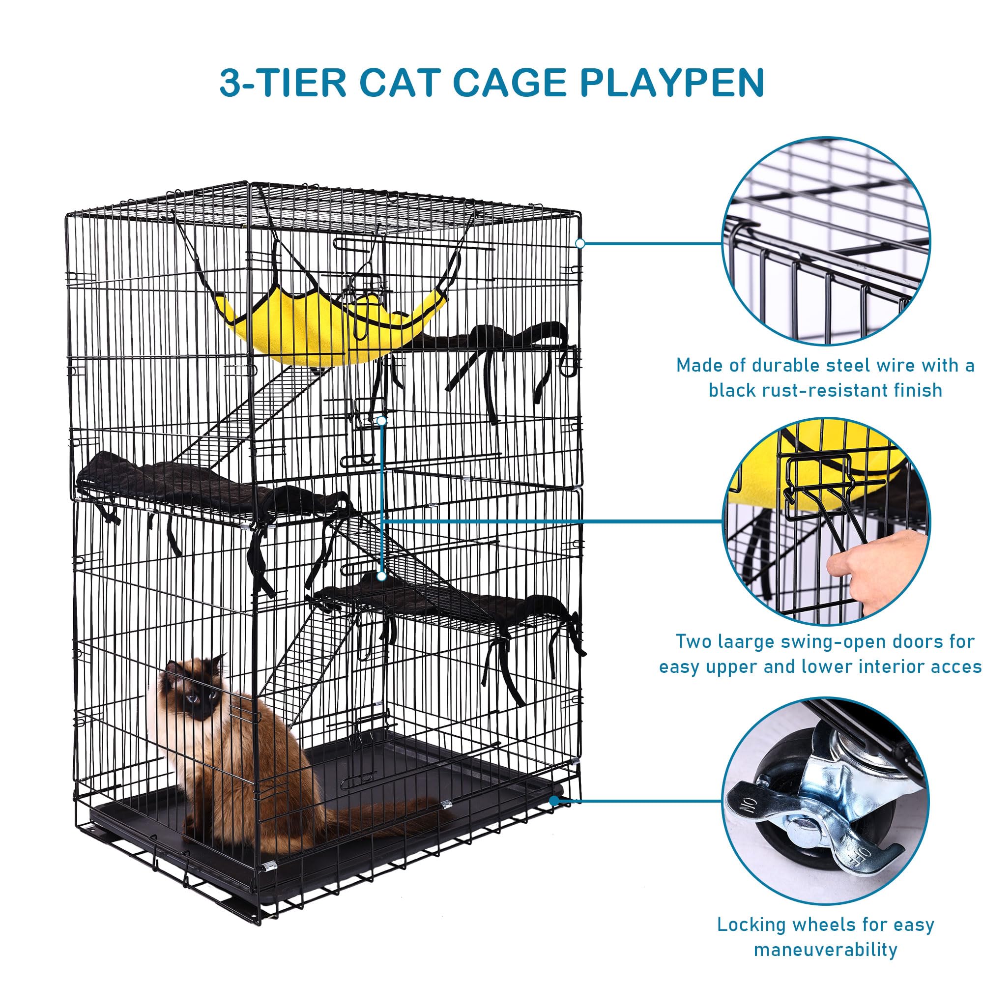 3-Tier Indoor Cat Cage - Large DIY Cat Crate & Kennel with 3 Cat Beds, 2 Front Doors, Ladder & Hammock | Durable Metal Fence for Cats, Rabbits, Squirrels | Perfect for Play, Rest & Small Pet Training | Ideal for Home, Apartment or Vet Visits