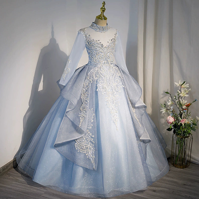 Elegant Dusty Blue Princess Mock Neck Floor-Length Tulle Flower Girl Dress for Weddings & Special Occasions