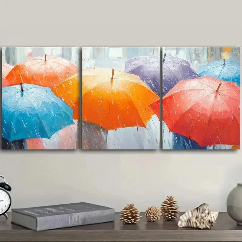 3-Piece Canvas Wall Art Set - 'Umbrellas in the Rain' Framed Painting (60x90cm) | High-Quality Print | 100% Australian Made | Ready to Hang | Perfect for Living Room, Bedroom & Office Decor