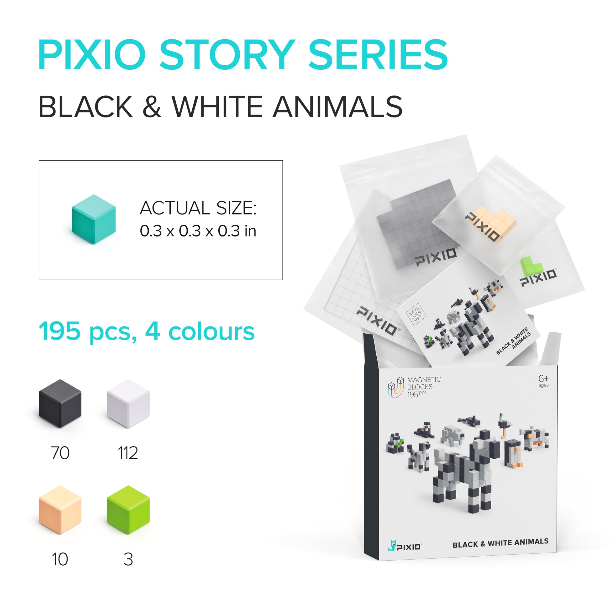 PIXIO Magnetic Building Cubes Set - 195pcs Black & White Animal Pixel Art Blocks for Kids, STEM Learning Toys, Creative Arts & Crafts, Educational Building Blocks for Boys & Girls - Perfect for Classroom, Home Play & Gift Ideas