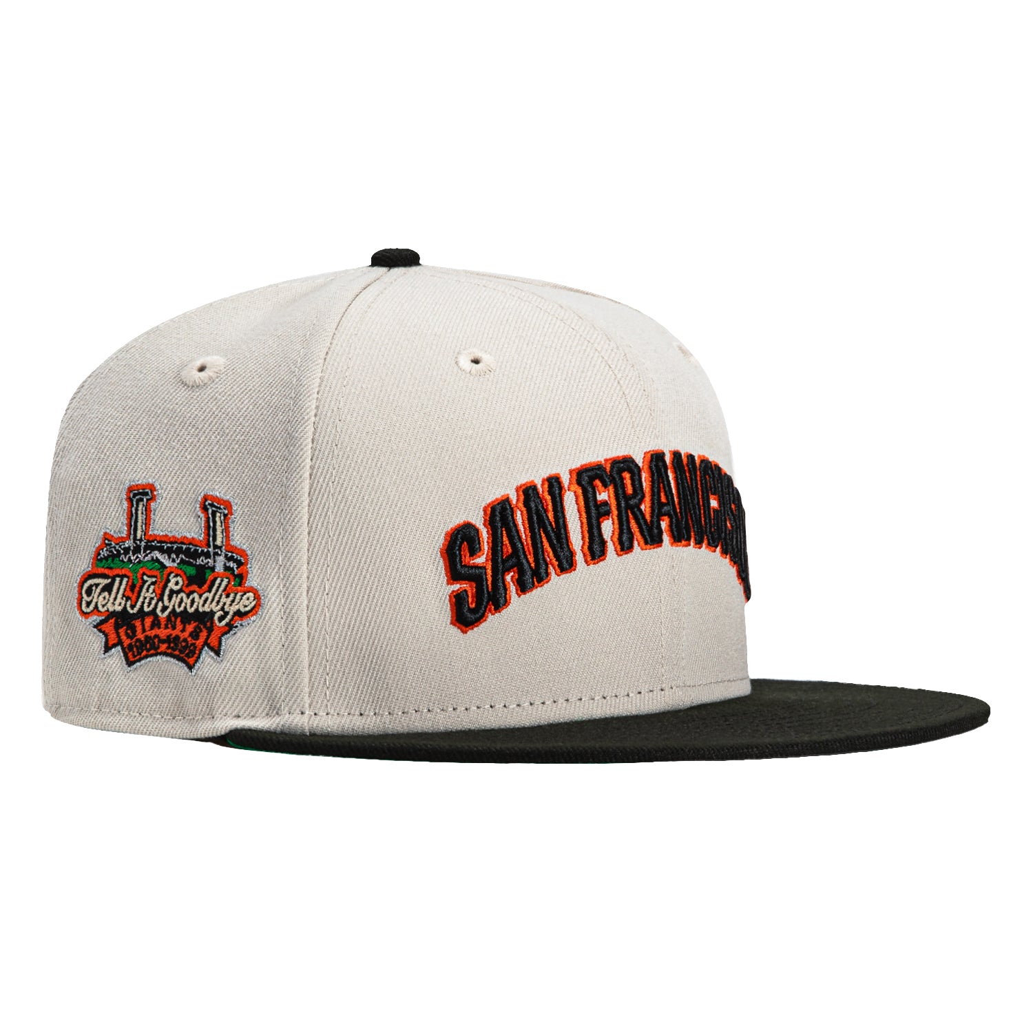 New Era 59Fifty San Francisco Giants MLB Baseball Cap with Tell It Goodbye Patch - Adjustable Snapback Hat in Stone, Black & Orange - Perfect for Baseball Games, Fan Collections & Streetwear Fashion