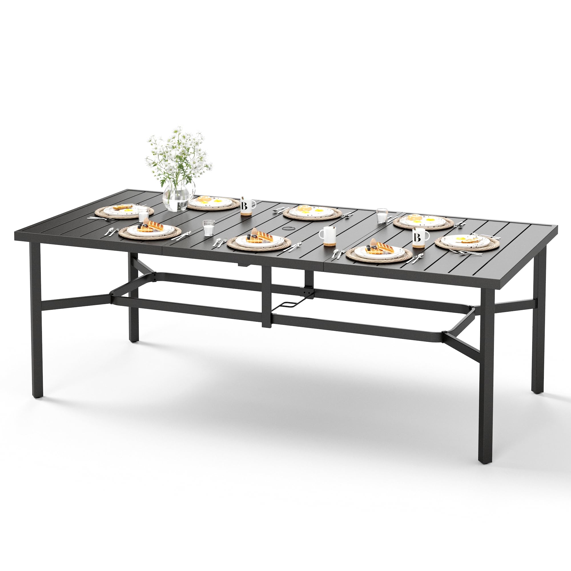 HERA'S HOUSE 8-Person Outdoor Dining Table with Umbrella Hole - Black Rectangle Metal Patio Table for Lawn, Garden, Backyard & Restaurant - Perfect for Family Gatherings, BBQ Parties & Outdoor Entertaining