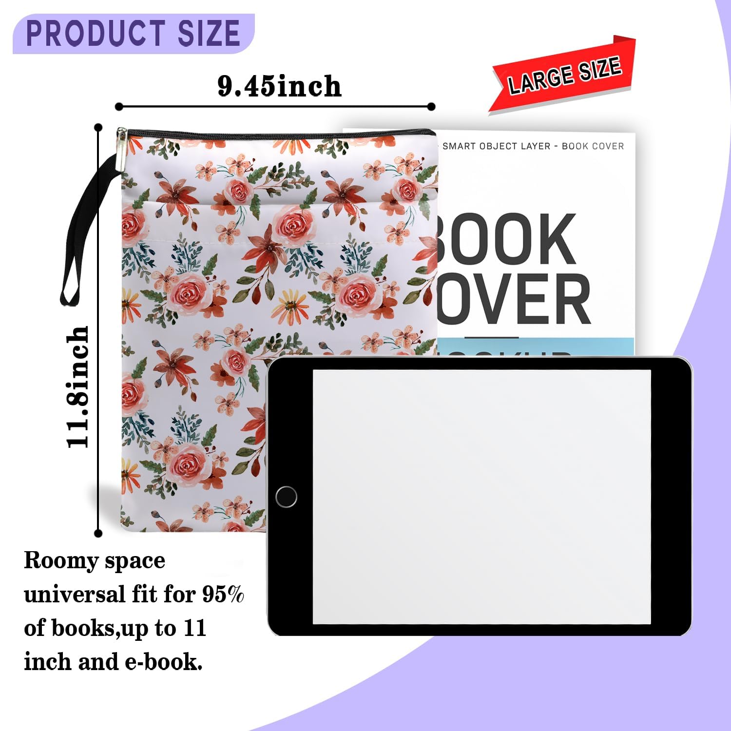 Premium Book Sleeve with Zipper Protector - Waterproof Hardcover & Paperback Book Cover - Wildflowers Pattern Book Pouch - Perfect Gift for Book Lovers (Women, Birthday, Graduation) - Pale Pink Wildflower Large Size - Ideal for Travel, School & Library Use