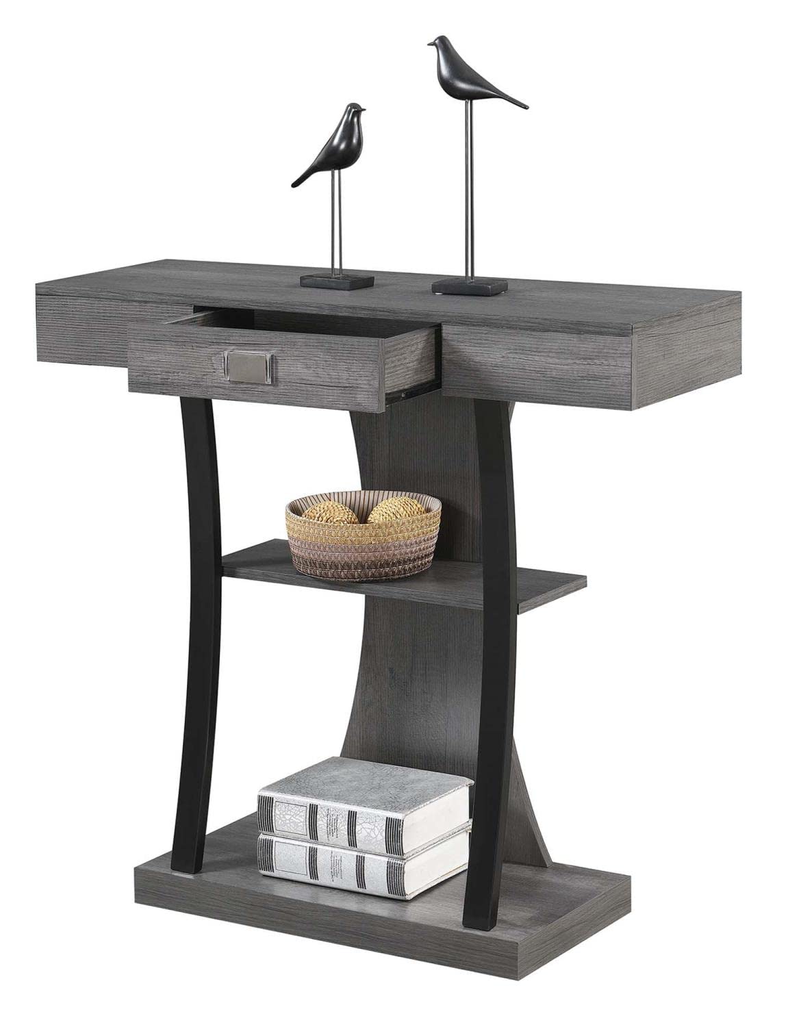 Convenience Concepts Newport 1-Drawer Harri Console Table with Shelves, Charcoal Gray - Entryway, Living Room & Hallway Storage Solution