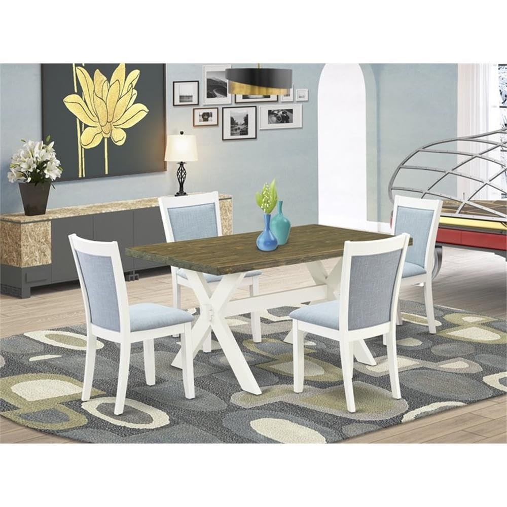 East West Furniture 5-Piece Kitchen Table Set for 4 - 36x60 Inch Rectangle Dining Table with X-Legs & 4 Baby Blue Linen Fabric Chairs - Modern Dining Room Furniture for Small Spaces, Breakfast Nooks, and Cozy Kitchens