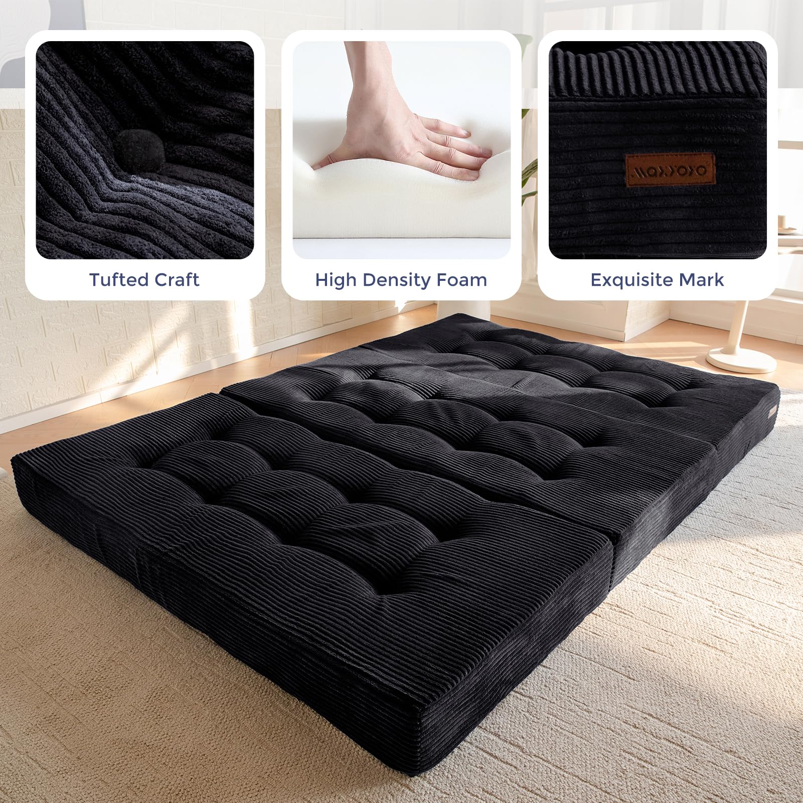 6 Inch Tri Fold Mattress - Full Size Tufted Foam Folding Bed with Corded Fabric | Portable Guest Bed, Camping Mattress & Space Saving Solution (Black)