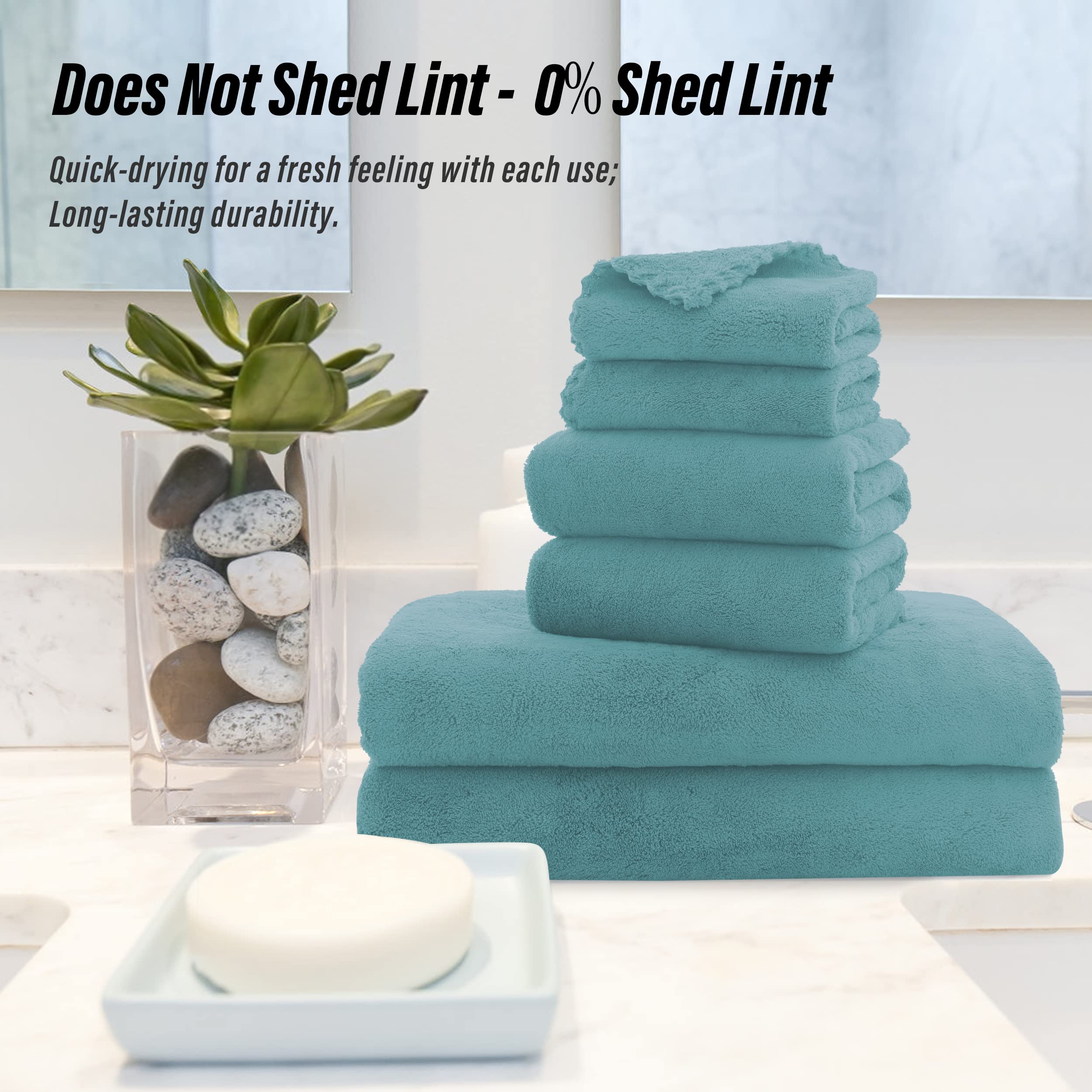 MOONQUEEN Ultra Soft Quick-Drying Microfiber Coral Velvet Towel Set - 6 Piece Bath & Hand Towels with Washcloths | Highly Absorbent for Gym, Yoga, Travel & Spa | Teal Luxury Bathroom Collection