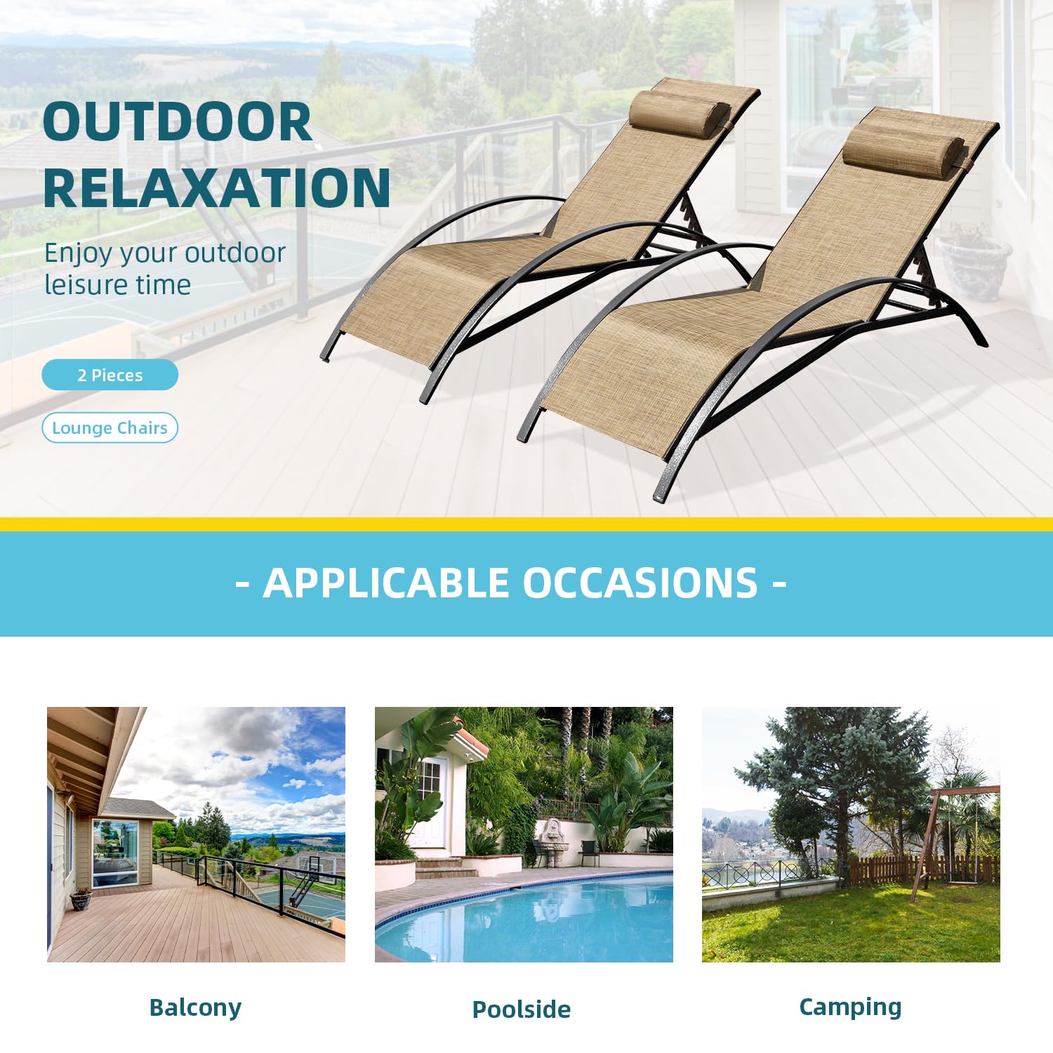 EROMMY 2-Pack Patio Chaise Lounge Chairs - Adjustable 5-Position Backrest, All-Weather Waterproof Outdoor Poolside Lounge Chairs for Beach, Yard, Garden & Backyard Relaxation