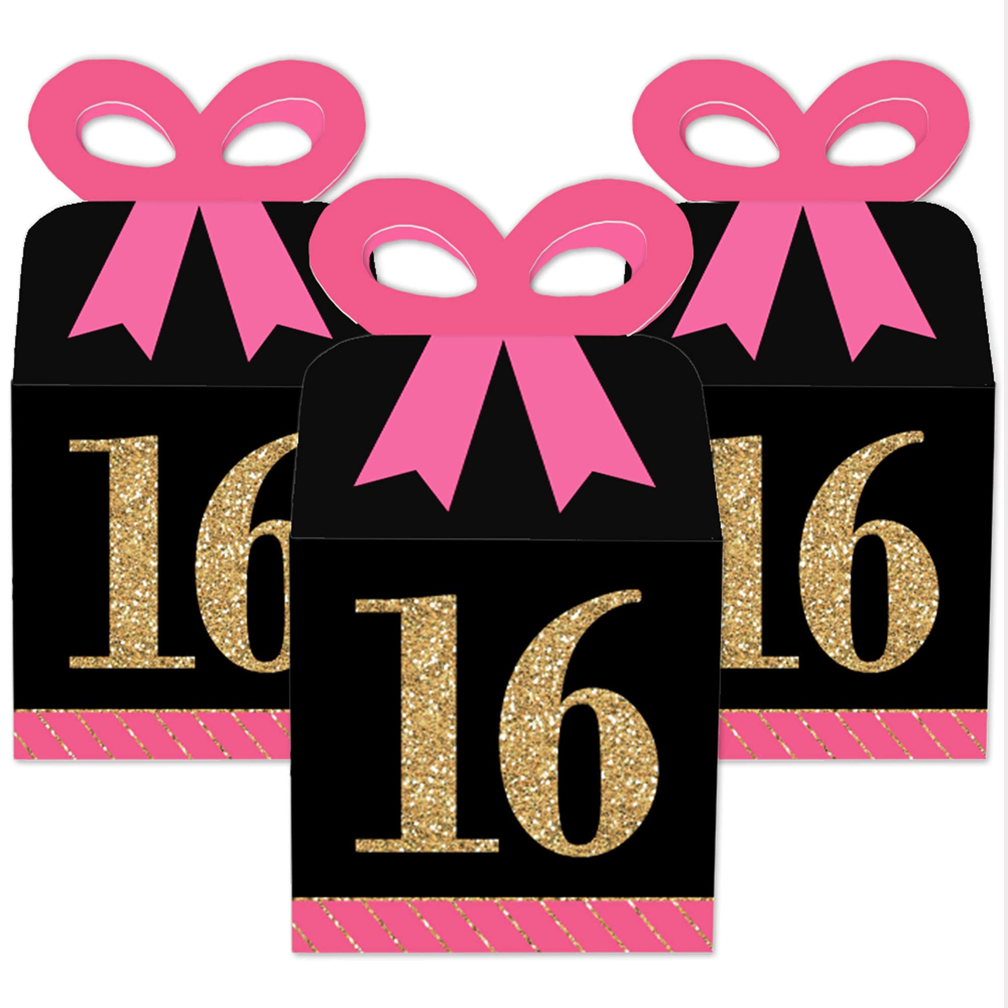 16th Birthday Gift Boxes - Pink, Black & Gold Set of 12 for Party Favors