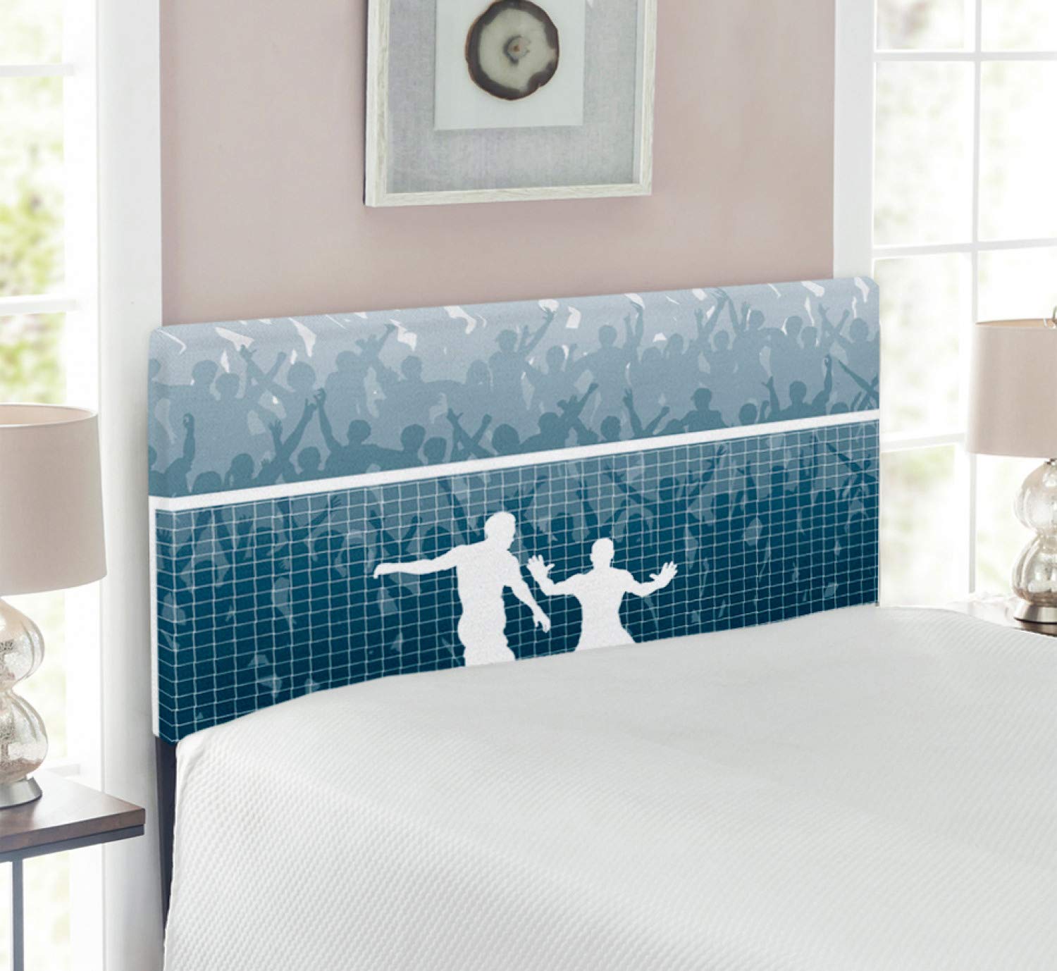 Ambesonne Soccer Headboard - Cheering Crowd Silhouette Watching Penalty Kick, Upholstered Metal Bed Headboard with Memory Foam, Twin Size, Blue & White - Perfect for Soccer Fans' Bedrooms, Game Rooms & Sports Themed Decor