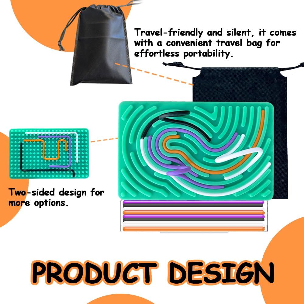 Sensory Fidget Board for Kids & Adults - Double-Sided Silicone Stress Relief Toy for Anxiety, ADHD, Autism - Includes Travel Bag & 20 Strings (Green) - Perfect for Home, Office, School & Travel Use