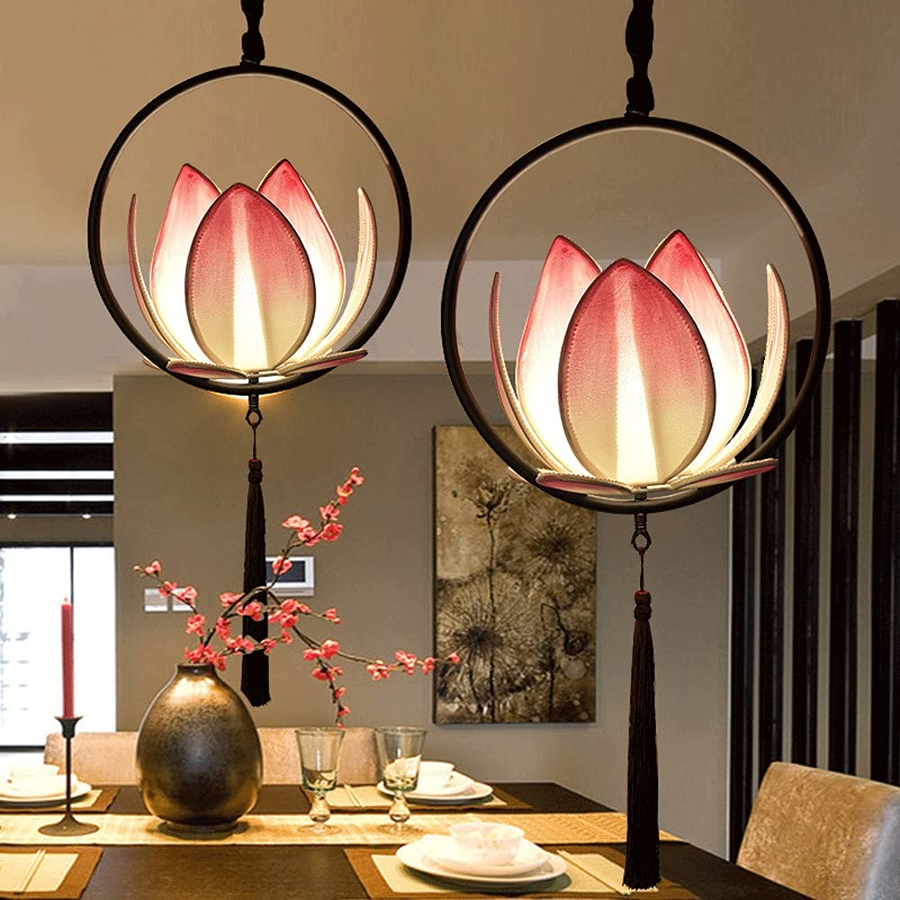 Modern LED Chandelier Lamp - Chinese Style Cloth Pendant Light with Black Frame for Hotel & Restaurant Decor | Lotus Hanging Lights for Living Room, Bedroom & Dining Room Ceiling Lighting