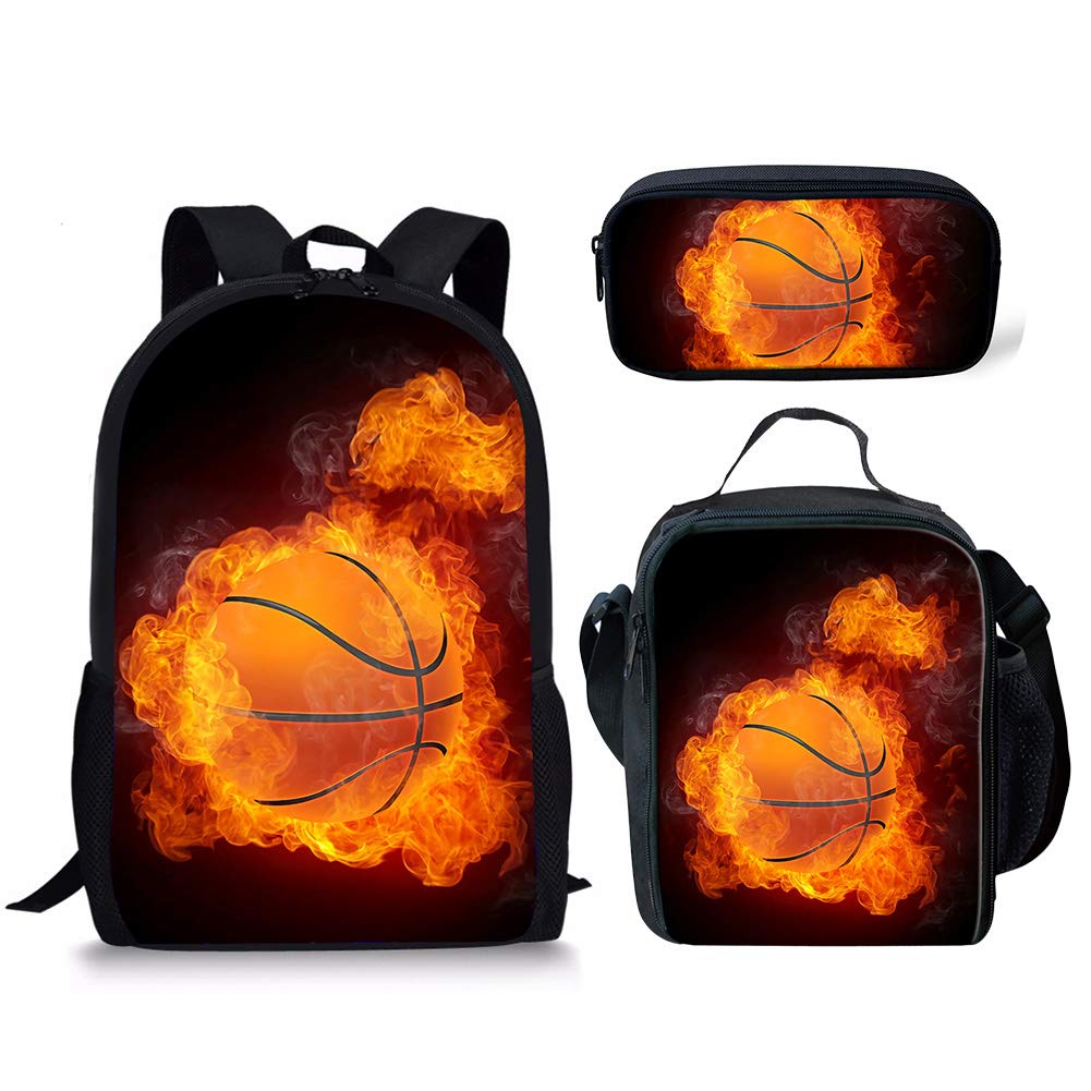 FANCOSAN 3D Flame Basketball Backpack Set for Teens - Insulated Lunch Bag & Pencil Case - School Bookbag for Boys & Girls | Perfect for School, Sports & Travel