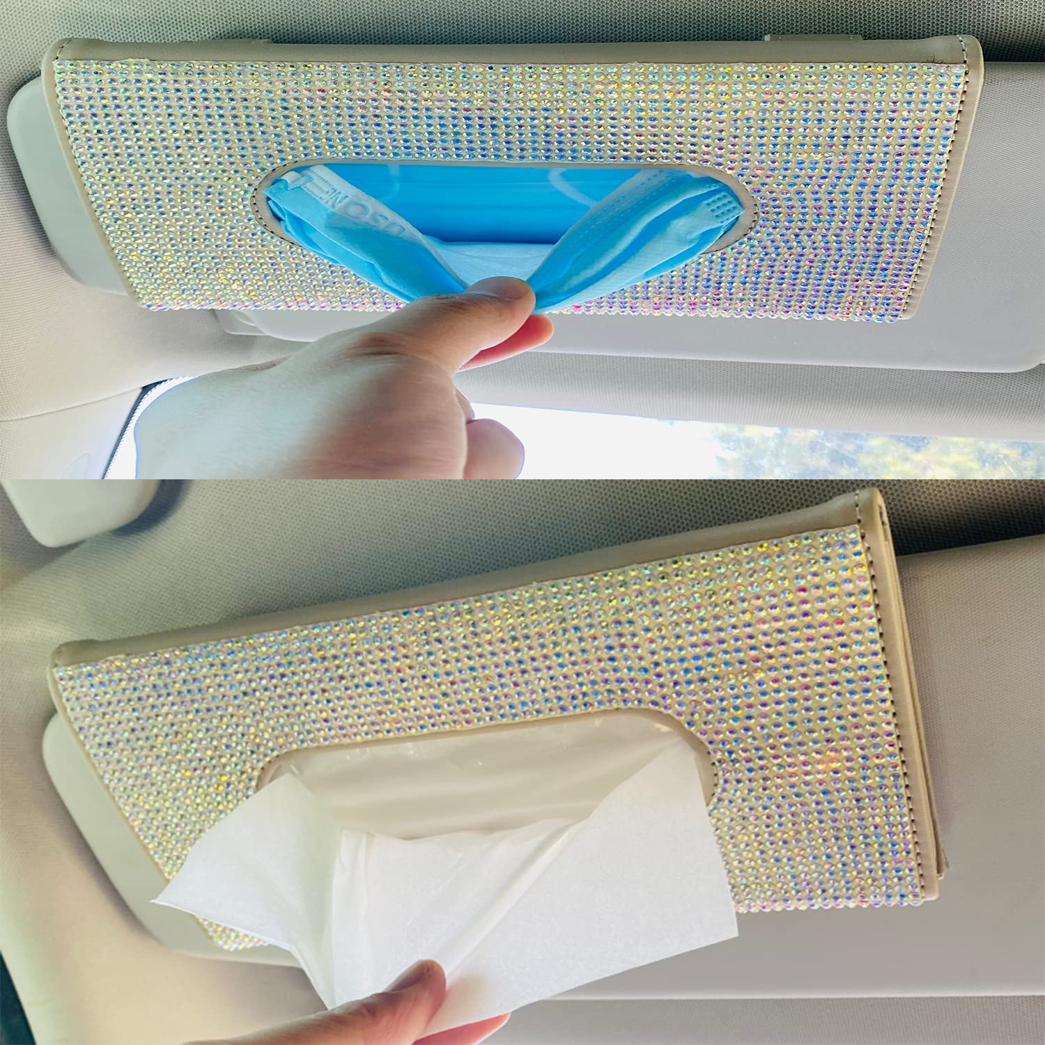 Bling Bling Car Sun Visor Tissue Box Holder - Beige Mixed Car Accessories for Women | Car Visor & Backseat Tissue Holder | Perfect for Road Trips, Daily Commutes & Travel Organization