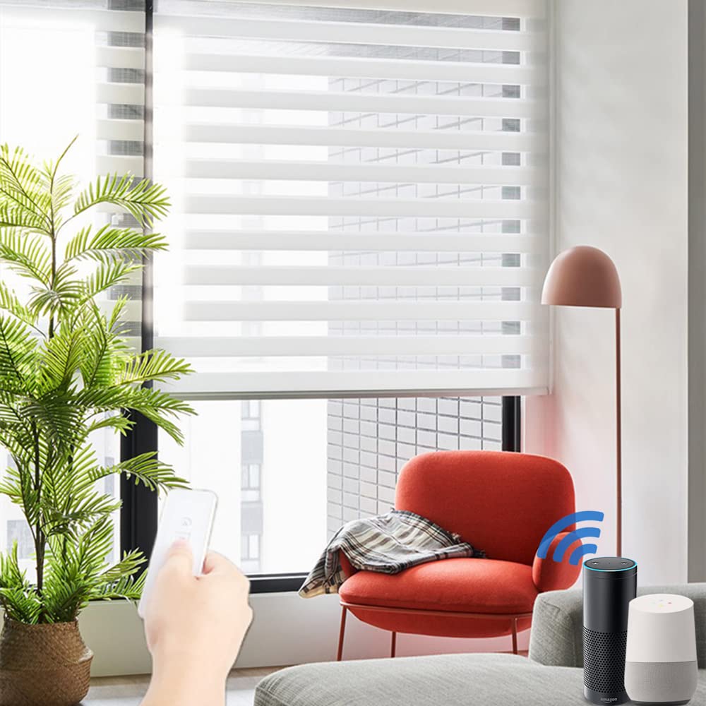 Smart Motorized Zebra Blinds for Windows - Alexa, Google Home & HomeKit Compatible - Light Filtering Day & Night Shades with Remote Control - Custom Size White Window Treatments for Living Room & Bedroom