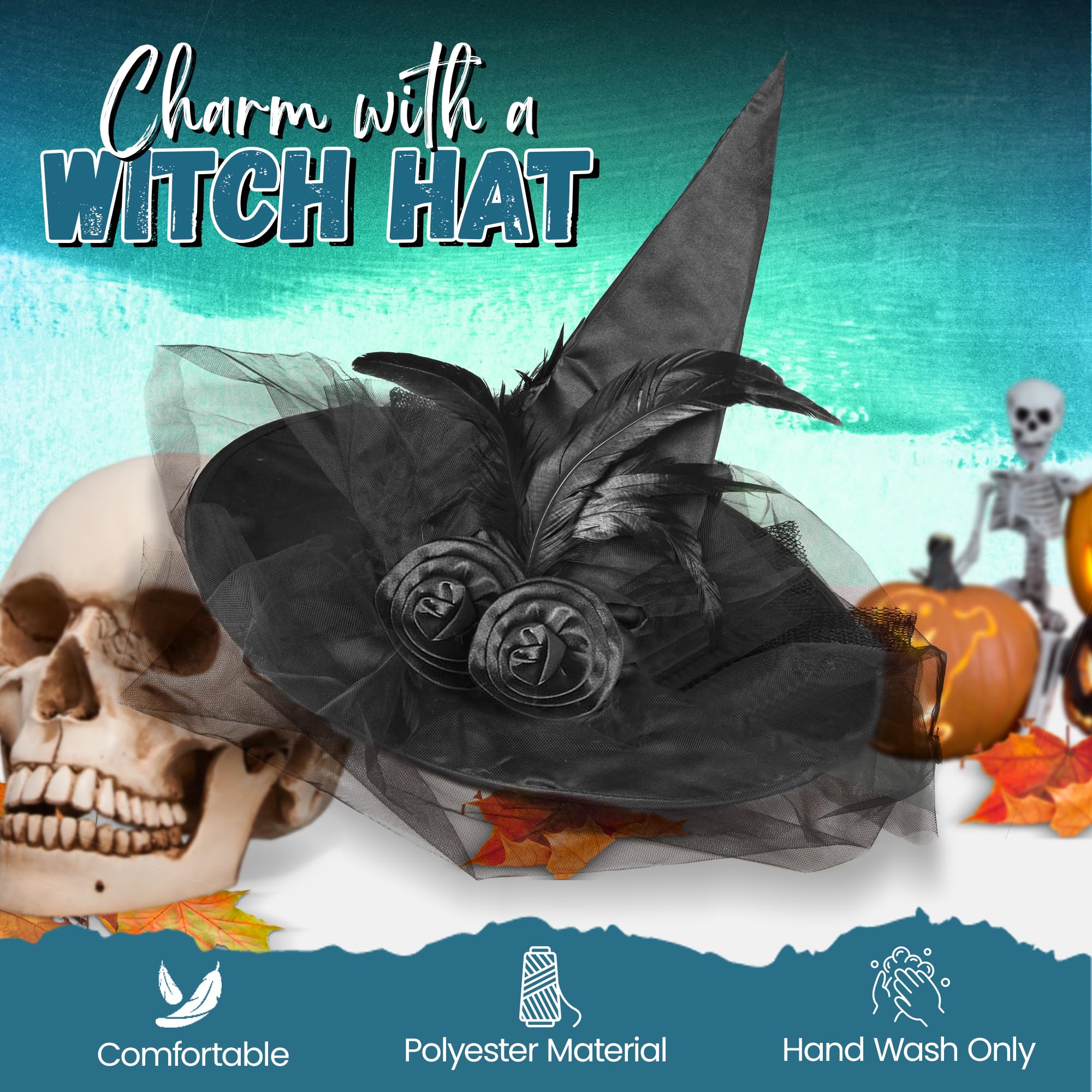 Halloween Witch Hat for Women - Black Witch Hat with Feathers & Lace Veil | Witch Costume Accessories for Women & Girls | Perfect for Halloween Parties, Cosplay & Witch-Themed Events