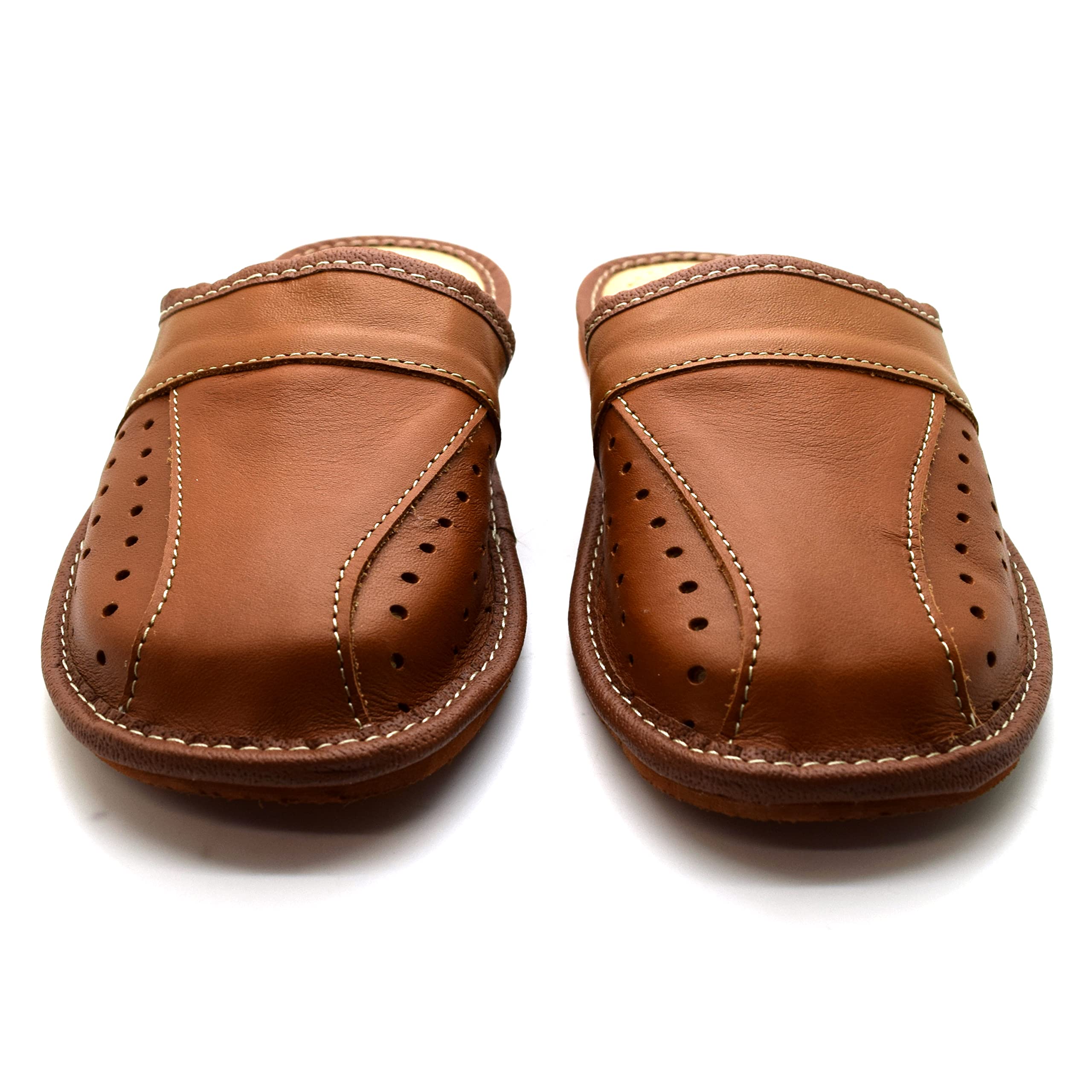 SolaDirect Men's Natural Leather Slippers - Comfortable Closed Toe Slip-On Mules for Indoor & Outdoor Use - Perfect House Shoes, Lounge Sandals for Relaxing at Home or Quick Errands