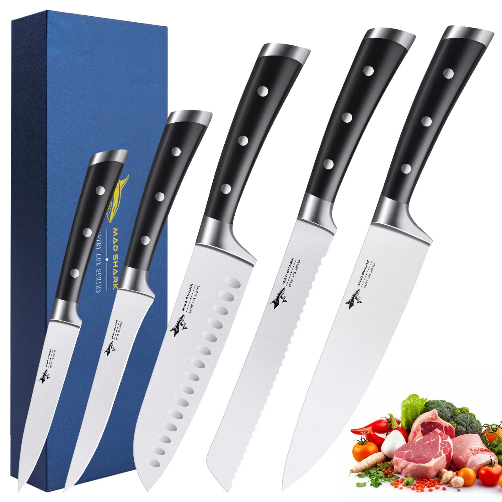 Professional MAD SHARK 5-Piece German High Carbon Stainless Steel Kitchen Knife Set - Ultra Sharp Chef Knives with Ergonomic Handle for Home Cooking, Perfect Gift for Chefs | Ideal for Slicing, Dicing, and Food Prep