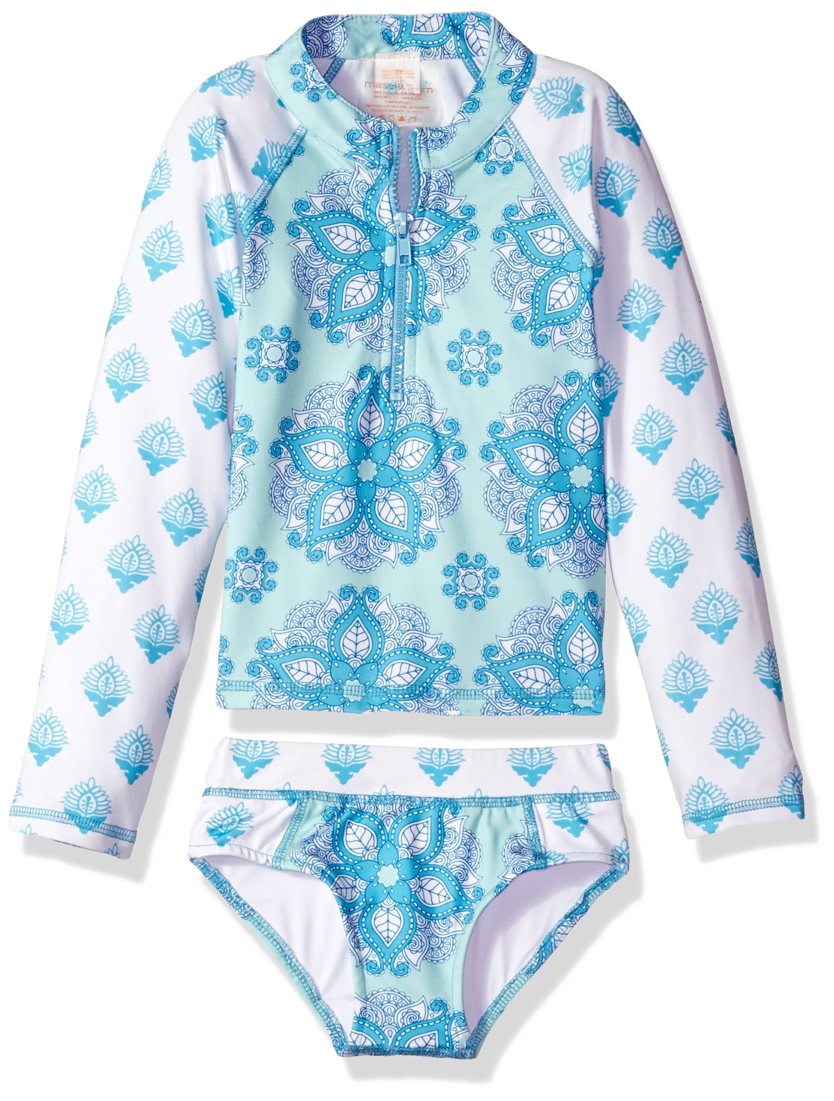 Masala Girls Rashguard Set - India Rose Turquoise Print Long Sleeve Swimwear for Women & Girls | Perfect for Surfing, Yoga, Beach Volleyball & Pool Activities