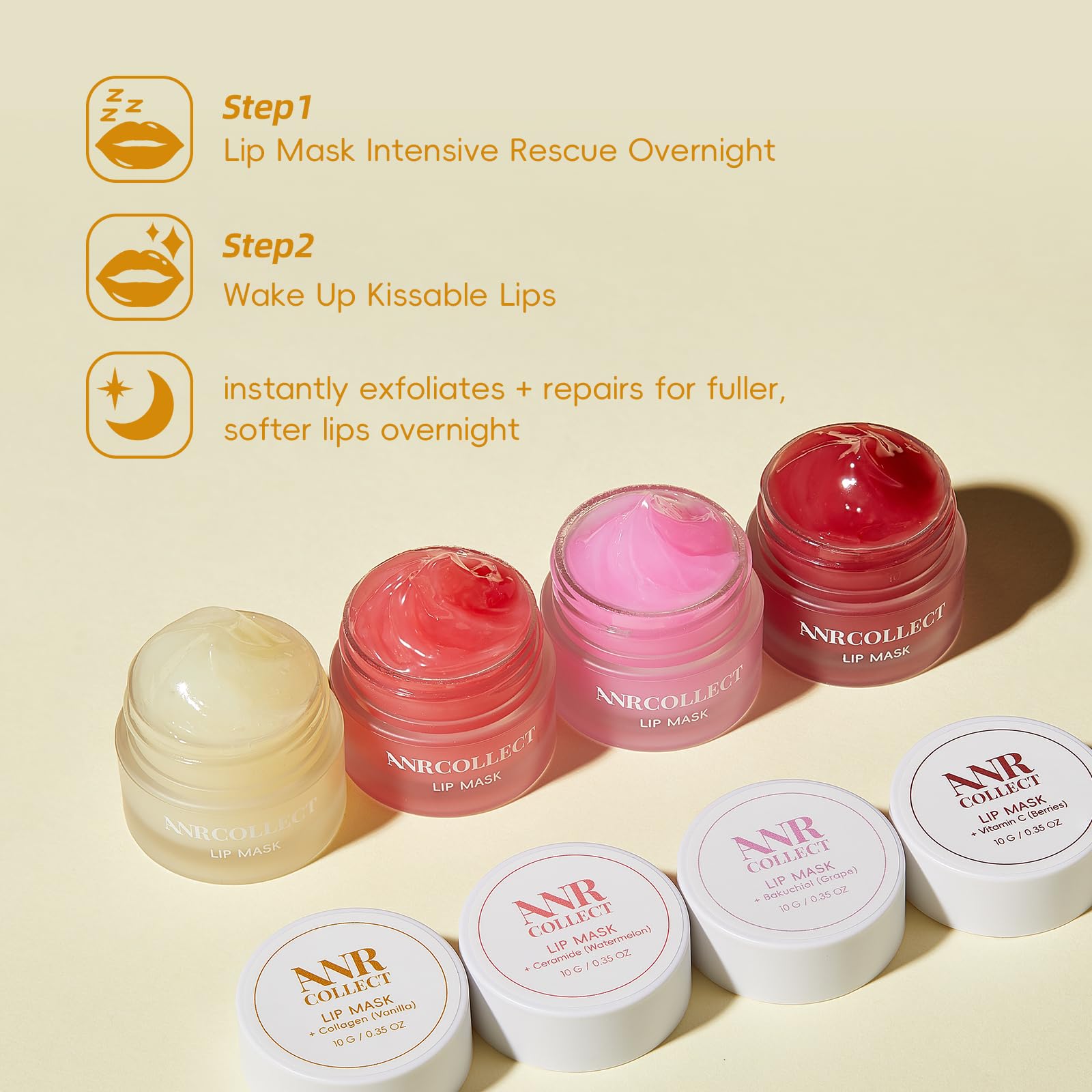 Overnight Lip Mask & Moisturizer with Collagen & Shea Butter - 4 Pack Intensive Treatment for Dry, Chapped, Dark Lips | Hydrating Lip Care Gift Set | Perfect for Nighttime Use & Daily Lip Nourishment