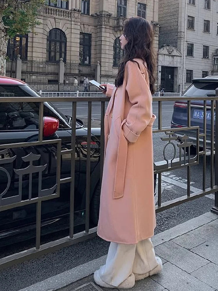 Women's Faux Wool Belted Double Breasted Long Coat - Notched Collar Full Sleeve Loose Fit Jacket for Autumn | Casual Outerwear for Work, Dating & Fall Fashion