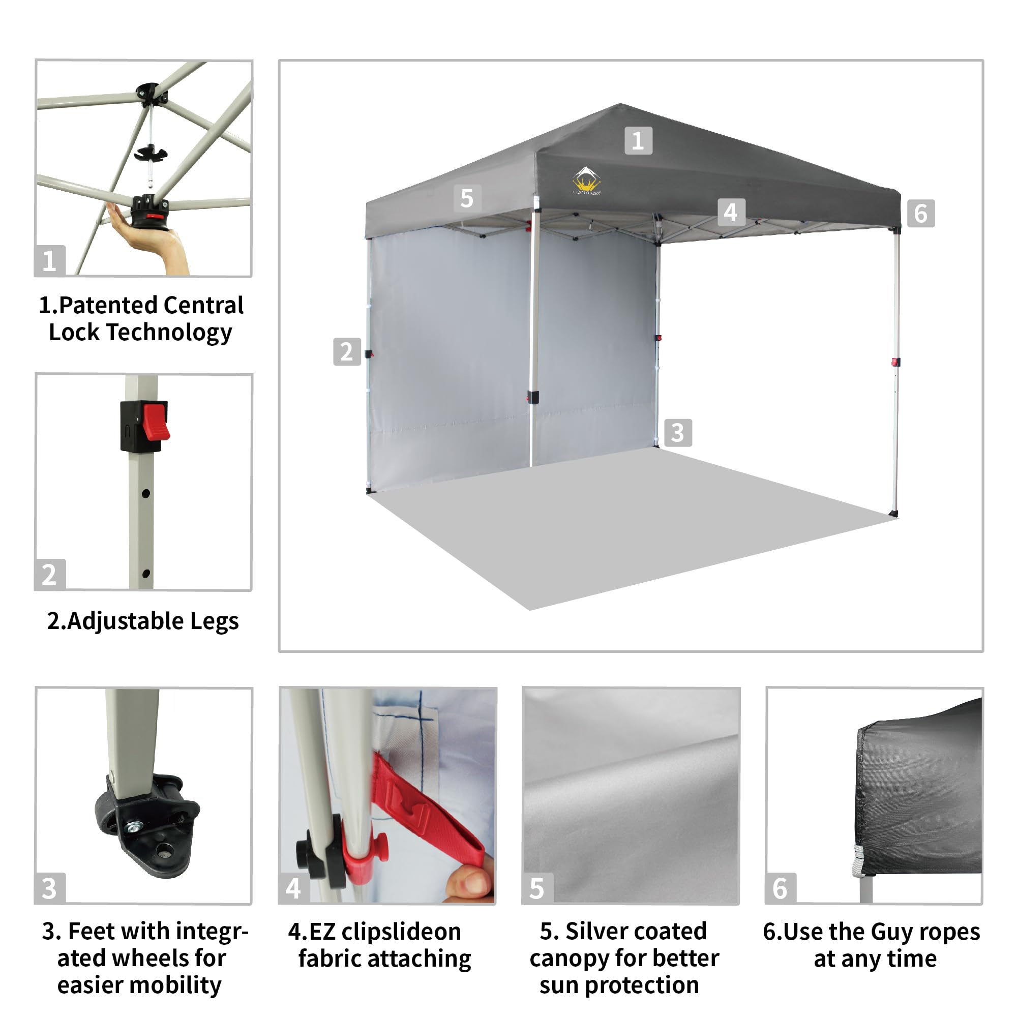 CROWN SHADES 8x8 Pop Up Canopy Tent with 1 Side Wall - Instant Setup Beach Shade for Outdoor Events, Parties, Camping & Picnics - Portable Sun Shelter with STO-N-Go Carry Bag (Grey) - Perfect for Backyards, Beach Trips & Tailgating