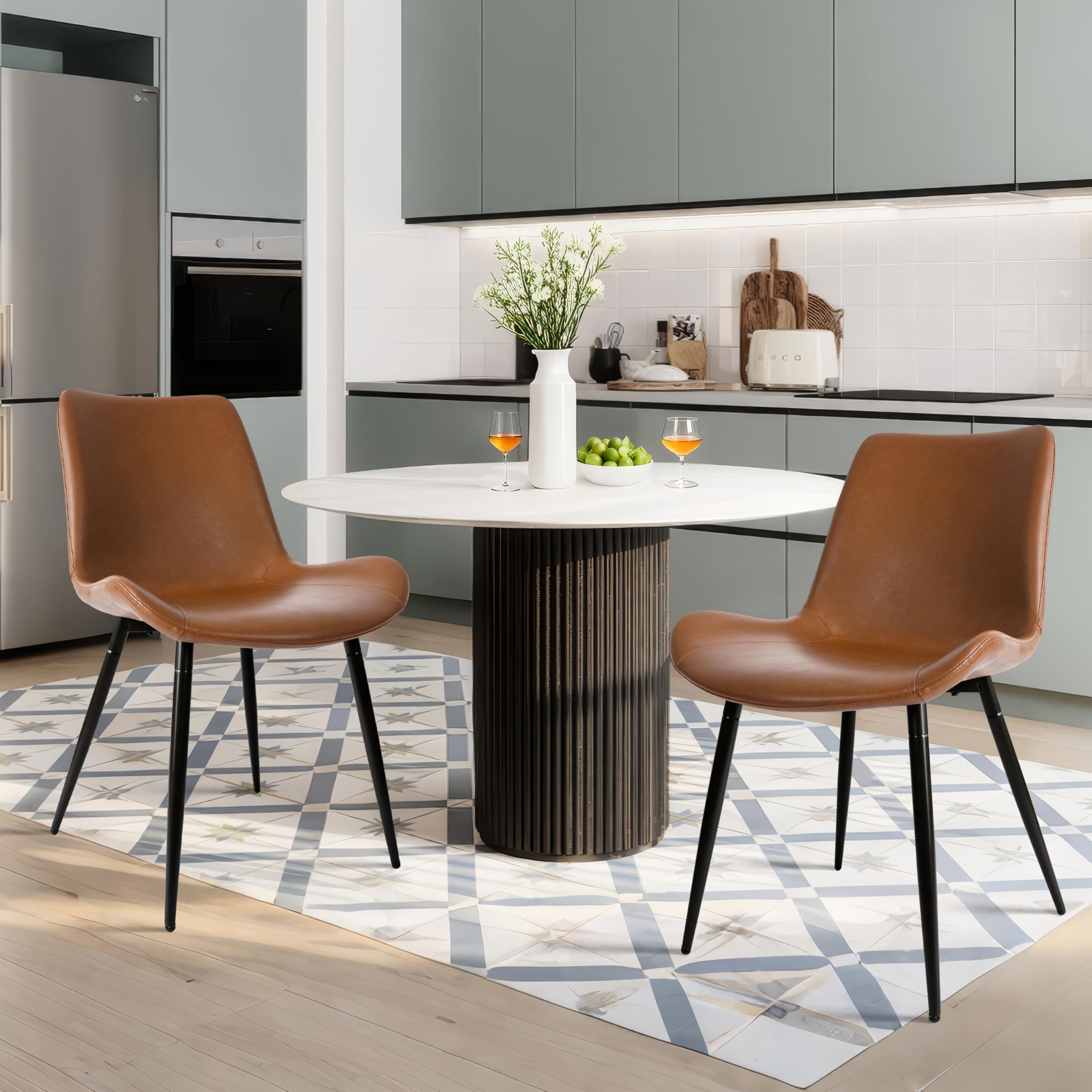 Premium Brown Faux Leather Dining Chairs Set of 2 - Armless Upholstered Accent Chairs with Comfortable Back Support & Sturdy Black Metal Legs for Living Room, Restaurant, Meeting Room - Perfect for Home Dining, Office Waiting Area & Conference Spaces