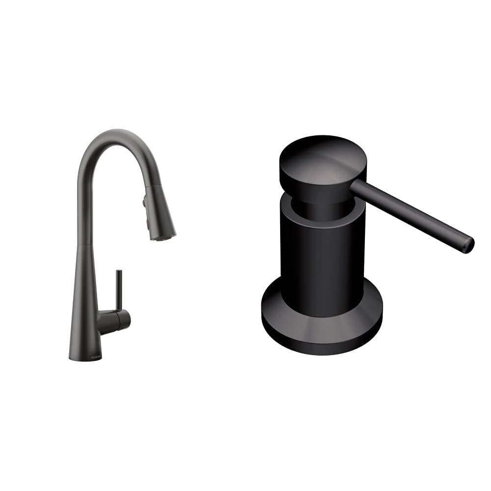 Moen 7864BL Sleek One-Handle High Arc Pull-Down Kitchen Faucet with Reflex Technology - Matte Black Finish with Soap and Lotion Dispenser - Perfect for Modern Kitchens and Easy Dishwashing