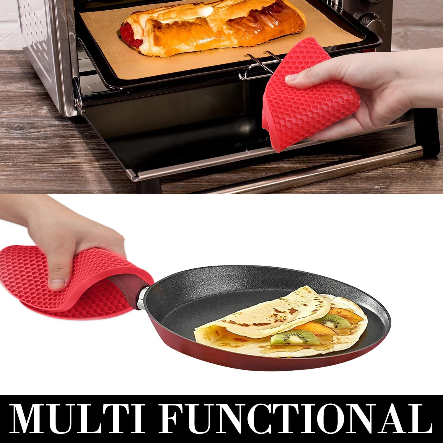Heat Resistant Silicone Trivets for Hot Pots & Pans - 4PCS Oversized Kitchen Pot Holders, Hot Pads, Spoon Holder & Jar Opener - Non-Slip Drying Mat for Countertops (Red) - Perfect for Cooking, Baking & Serving Dishes