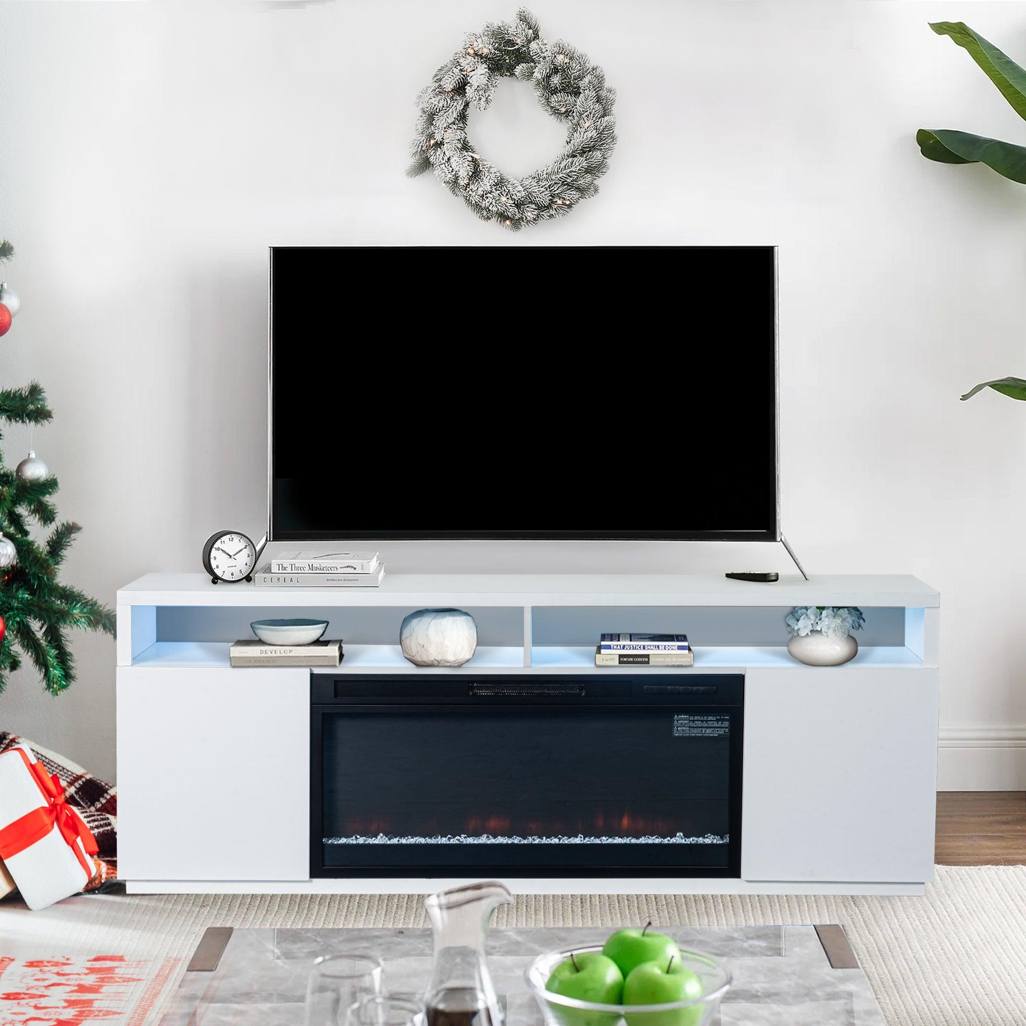 Modern 68-Inch LED TV Stand with 36-Inch Insert Opening & Electric Fireplace - Black or White - Perfect for Living Room Home Theater & Cozy Winter Nights