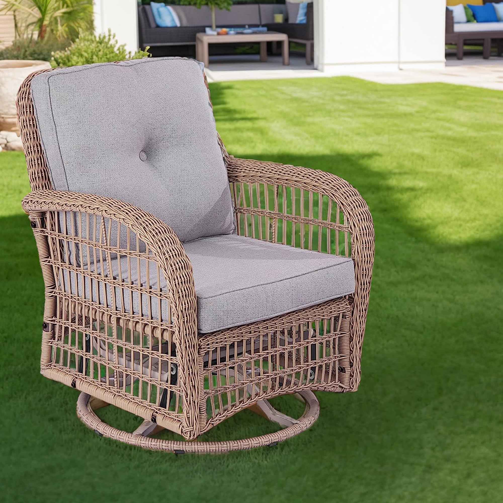Swivel Wicker Outdoor Lounge Chair with Gray Cushion - Weather-Resistant PE Rattan Rocking Chair for Patio, Porch, Sunroom, Deck & Backyard - Perfect for Relaxing, Sunbathing and Outdoor Entertaining