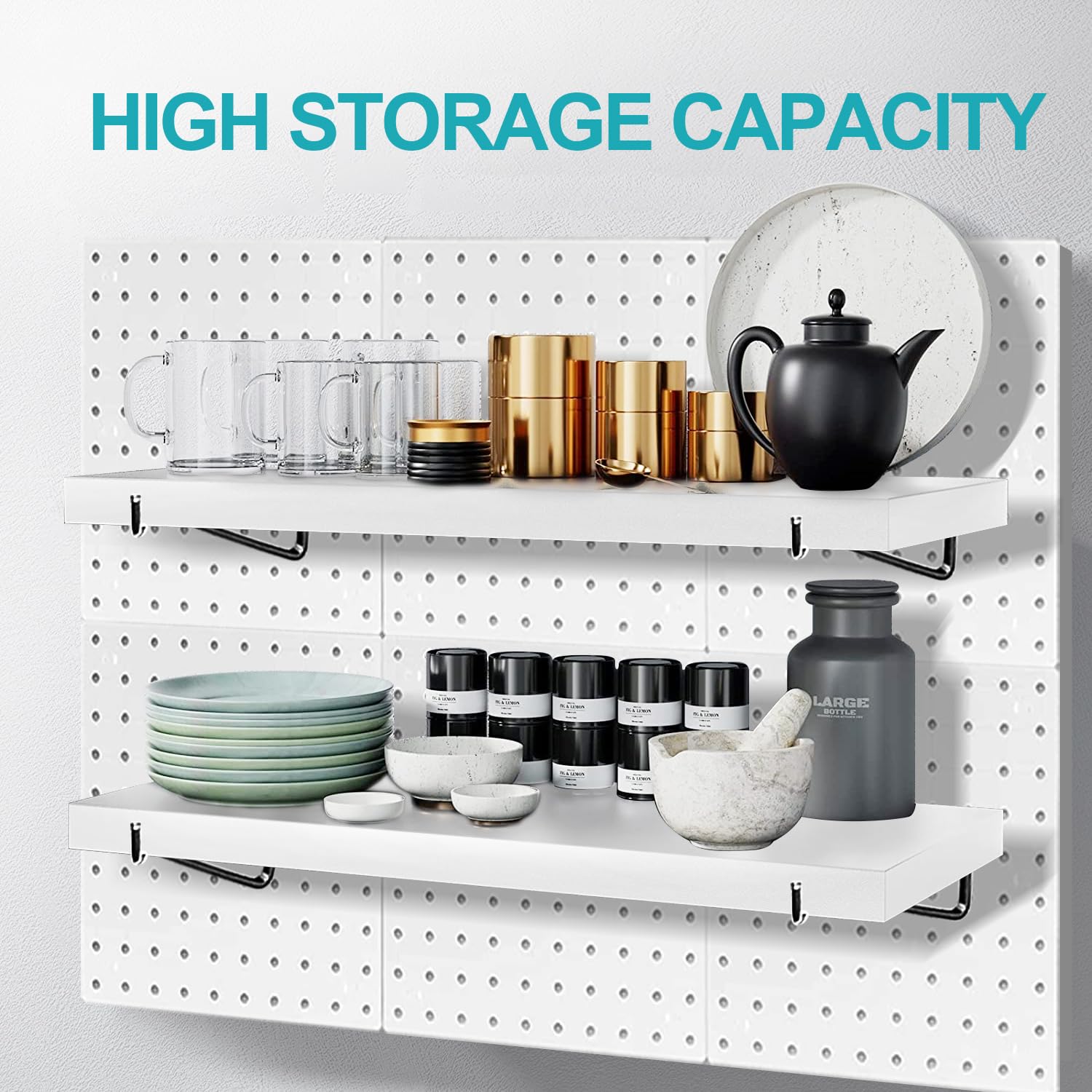 4 Pack Heavy Duty Pegboard Shelves with Metal Hooks - Durable Pegboard Shelf Brackets & Accessories for Craft Room, Office, Garage Organization - Perfect for Wall Storage, Tool Hanging & DIY Projects