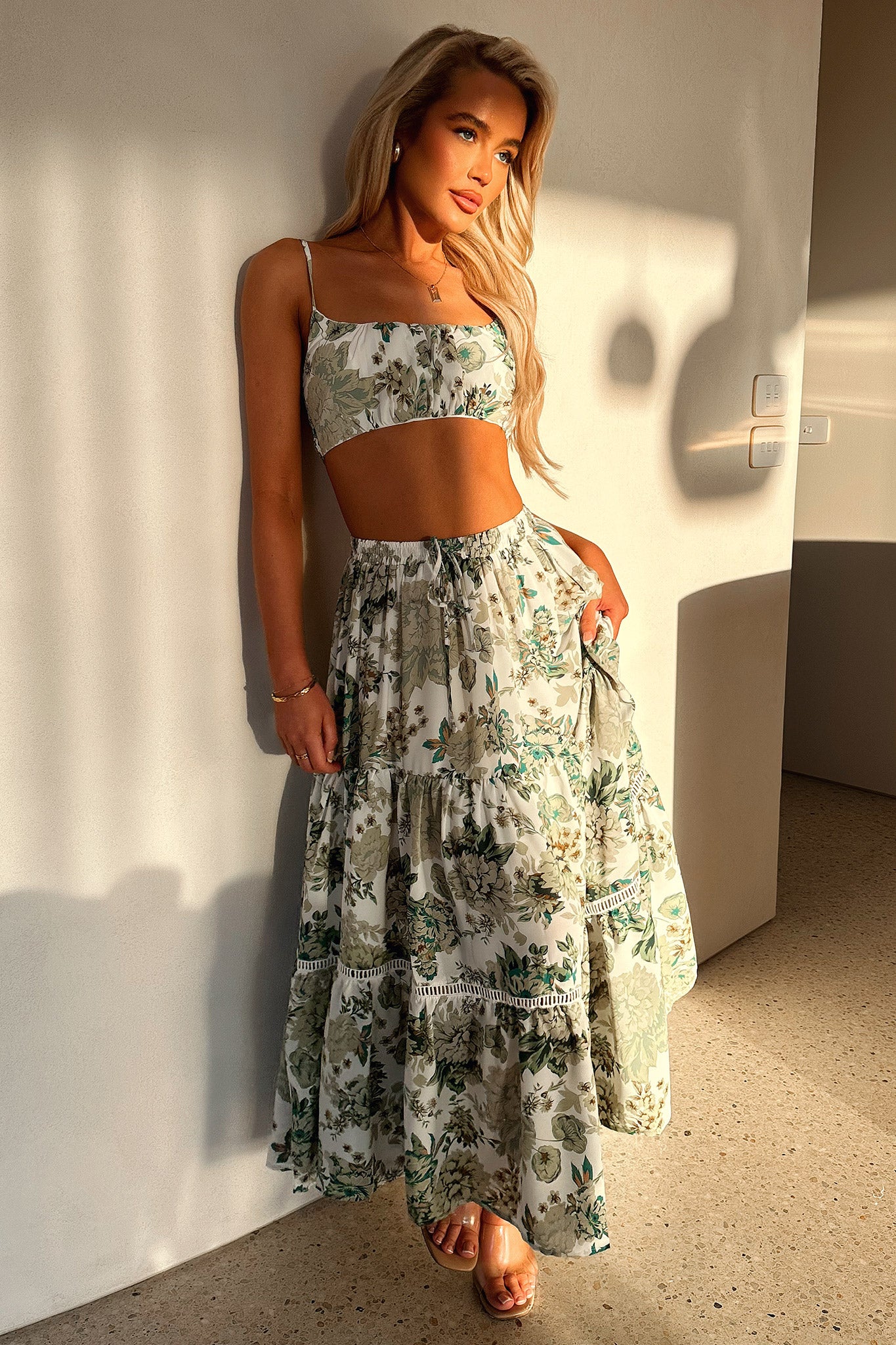 Kei Maxi Skirt - Green Floral Print Long Skirt for Women | Boho Summer Dress, Beach Vacation Outfit, Casual Elegant Style