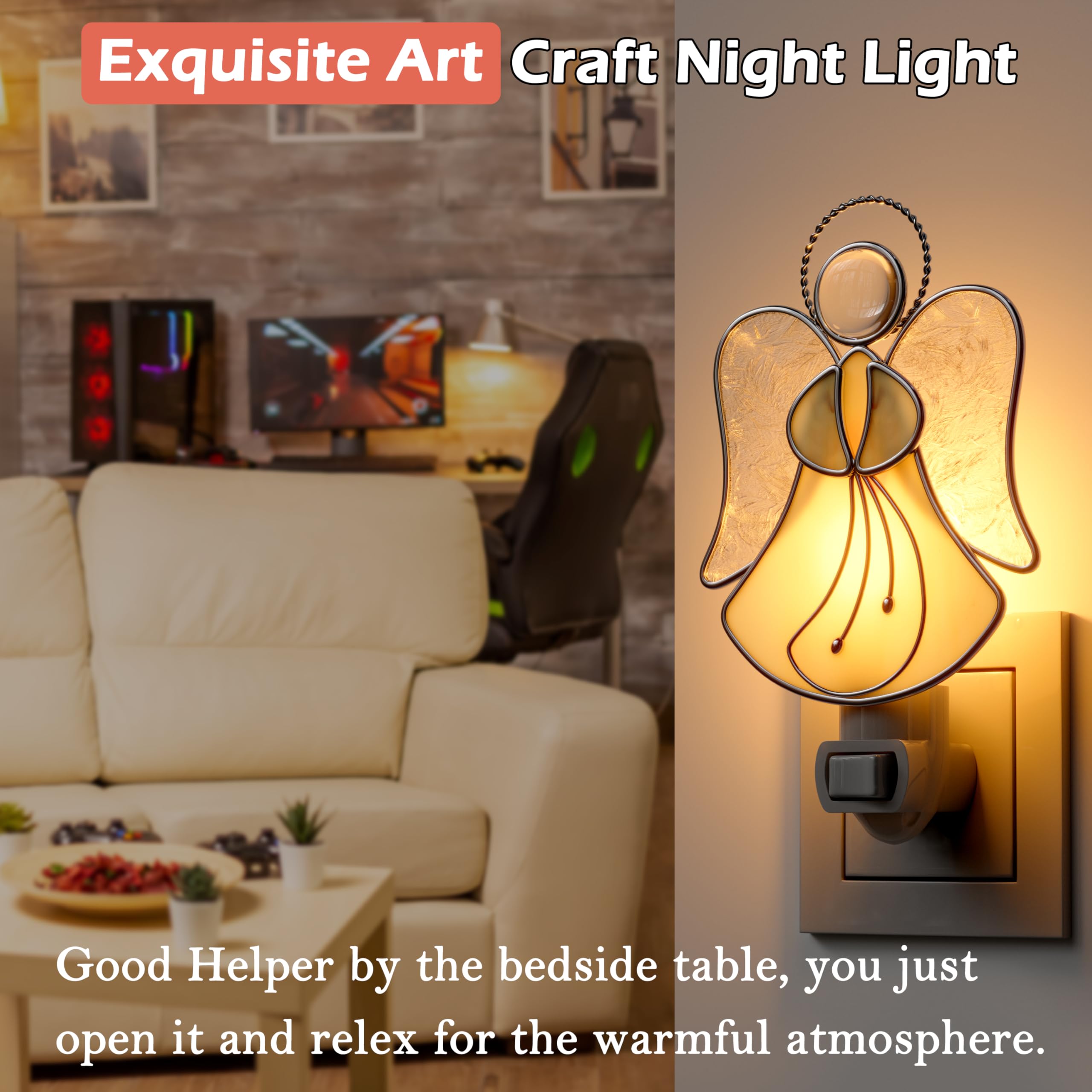 Angel Night Light Plug in Wall - Stained Glass Decorative Nightlight for Bedroom, Hallway, Kitchen - Perfect Gift for Mom on Mother's Day, Birthday, Christmas & Valentine's Day - Creates Soothing Ambiance for Nighttime Relaxation and Safe Navigation