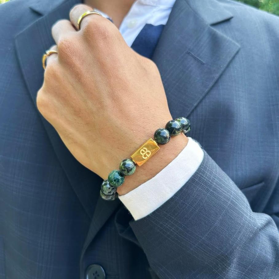 Premium Men's Dark Green Jade & Gold Bead Bracelet - Handcrafted Natural Jade Stone Beaded Jewelry for Men - Perfect for Gifts, Meditation & Spiritual Healing