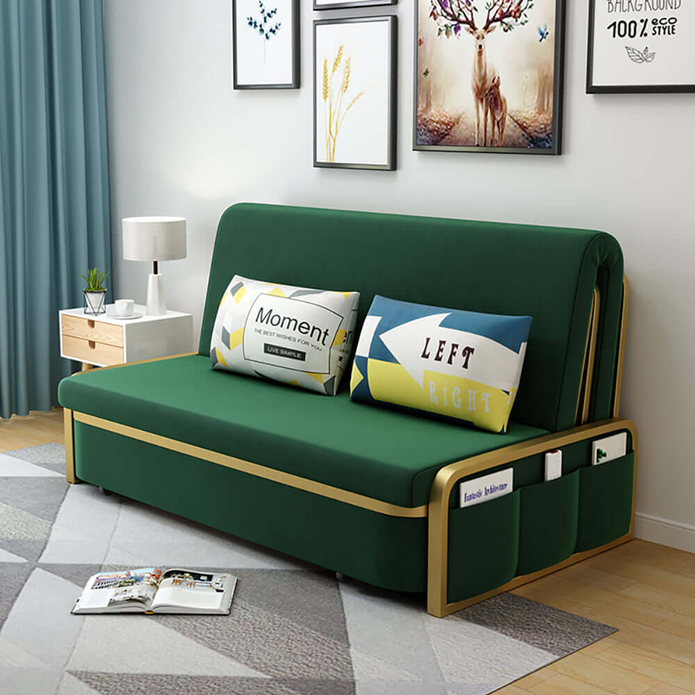 Modern Convertible Sofa Bed with Storage - Velvet Upholstery in Deep Gray & Gold - Perfect for Small Spaces, Guest Rooms & Apartments