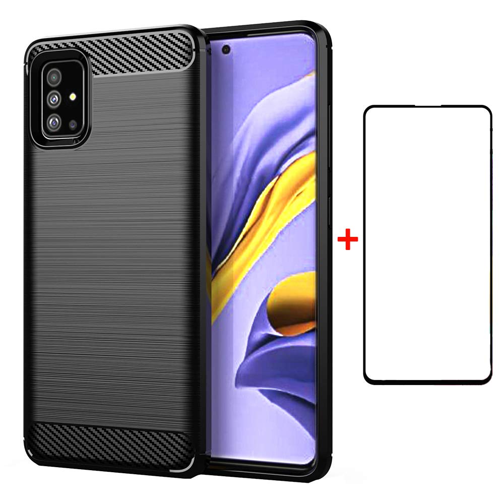 **ASUWISH Samsung Galaxy A51 4G Case with Tempered Glass Screen Protector - Soft TPU Silicone Protective Cover for Galaxy A51/A515F/M40S/51A (Carbon Fiber Black) - Perfect for Everyday Use, Work & Travel**