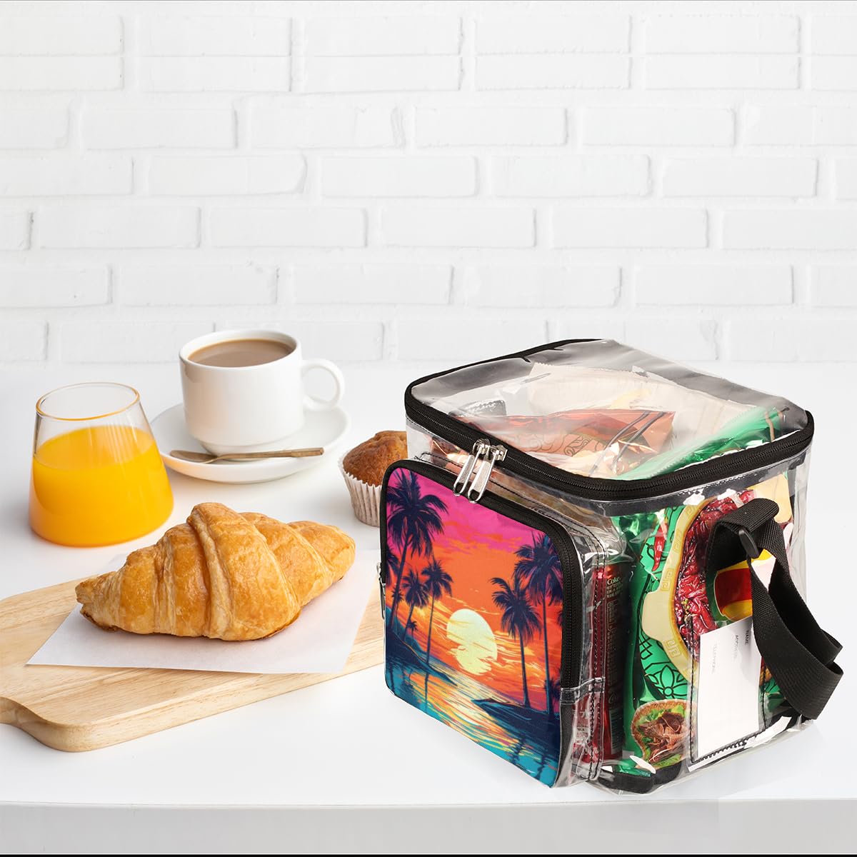 GzLeyigou Clear Transparent Beach Tote Bag with Handles - Waterproof Sunset Design with Coconut Palm Print - Perfect for Outdoor Travel, Picnic, Concerts & Sports Events - Stadium Approved Shoulder Bag for Women & Men