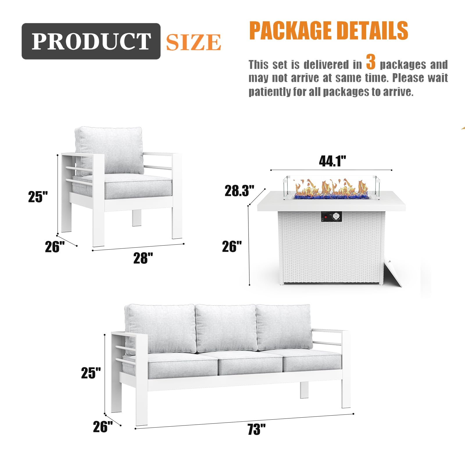 4-Piece Modern Aluminum Patio Furniture Set with Fire Pit Table - Outdoor Metal Sectional Sofa Conversation Set for Backyard, Garden, and Poolside Relaxation
