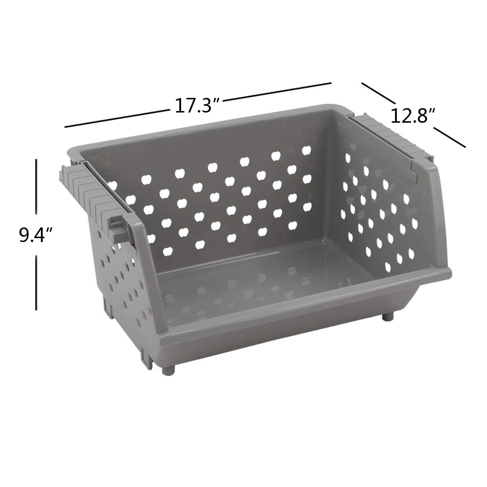 Gray Plastic Stacking Organizer Basket - Set of 3, Stackable Storage Bins for Home, Office & Closet Organization | Perfect for Shelves, Cabinets & Drawer Storage