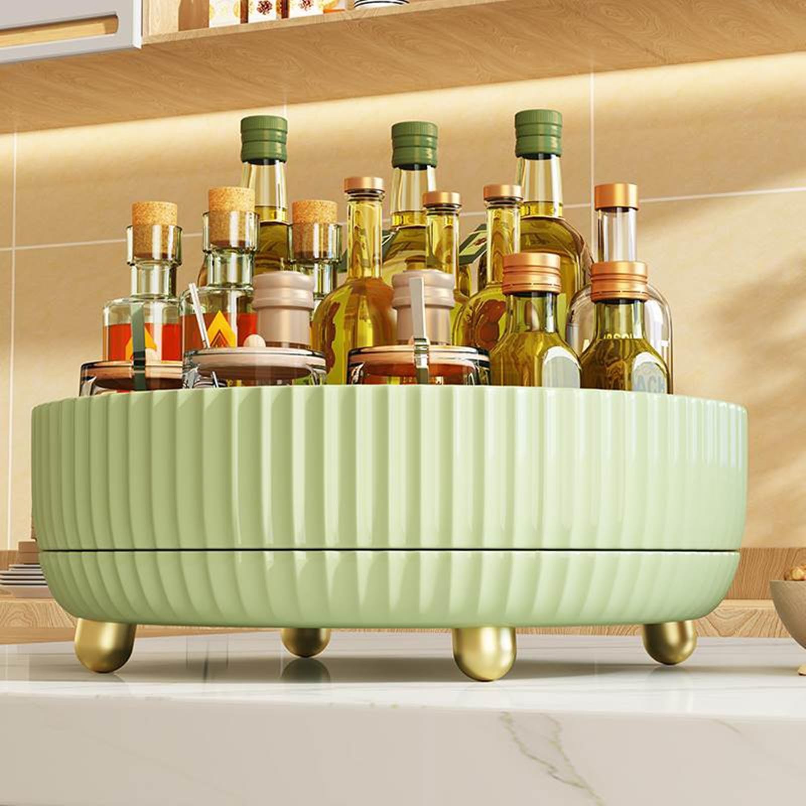 Rotatable Storage Box with Handle - Large Capacity Round Plastic Organizer Tray for Kitchen, Makeup, Office & Bathroom Storage (Light Green) | Portable & Space-Saving Home Organization Solution