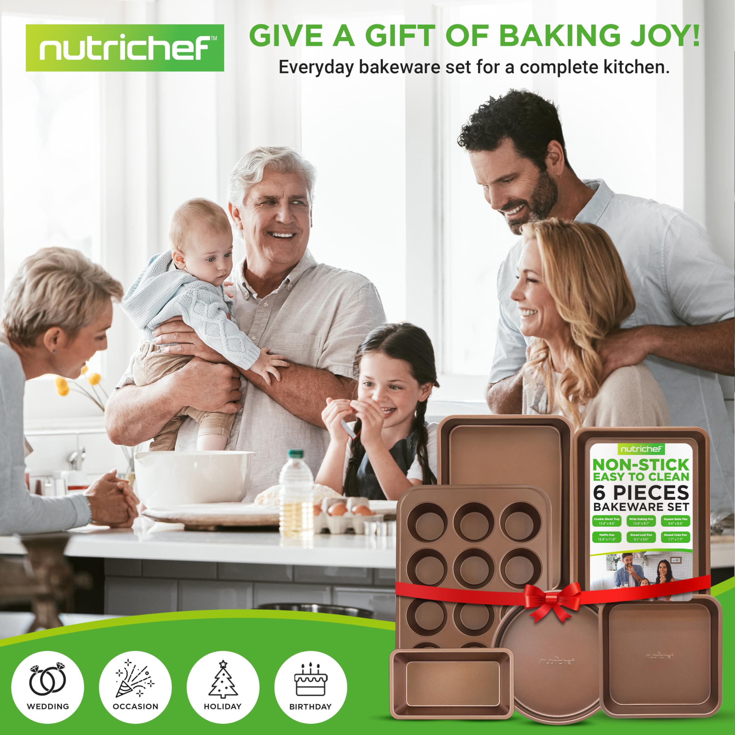 NutriChef 6-Piece Nonstick Bakeware Set - Carbon Steel Baking Pans with Cookie Sheets, Square Pan, Loaf Pan, Round Cake Pan & Muffin Tin - Gold Kitchen Essentials for Baking Cookies, Bread, Cakes & Cupcakes at Home