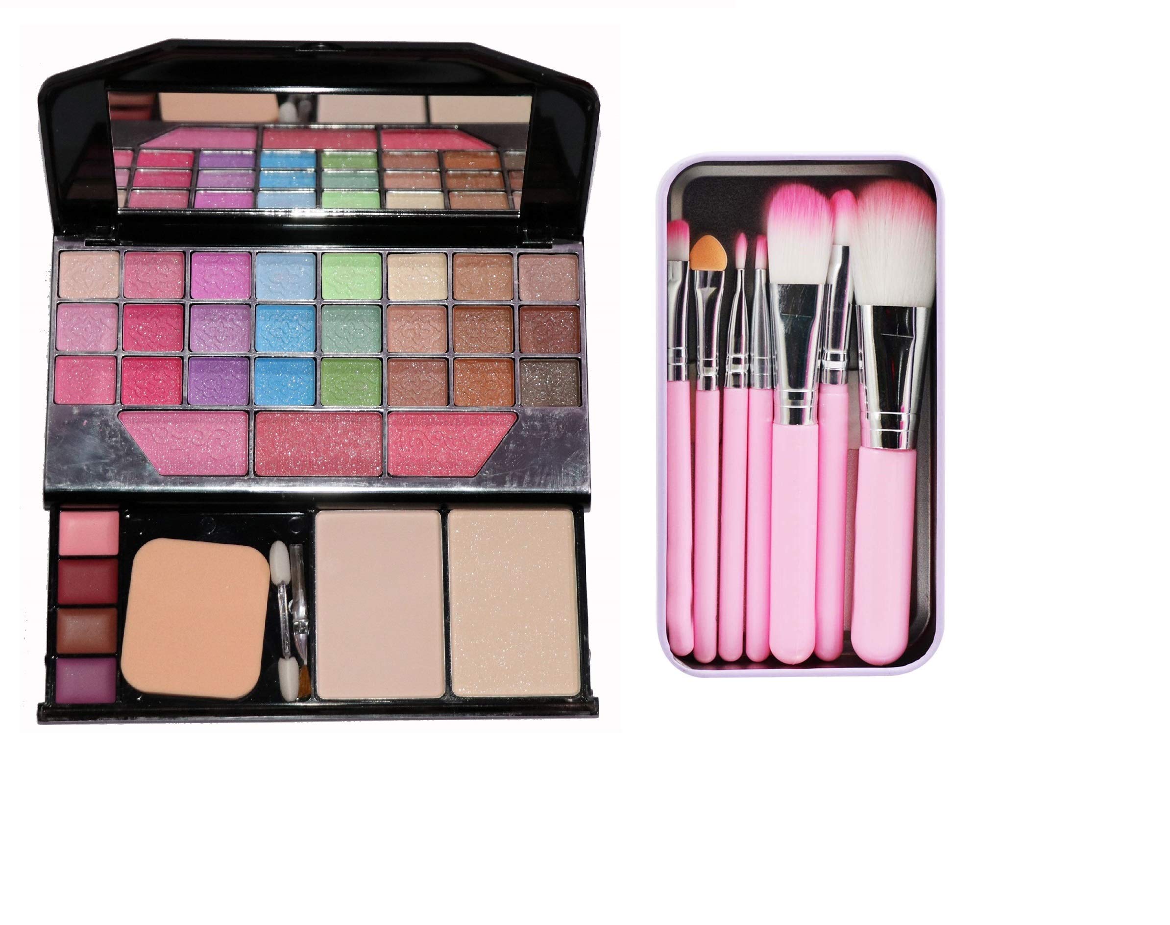 Khelni 6155 Professional Makeup Kit with Eye Shadows, Compact, Blusher & Lip Gloss - Includes 7Pcs Pink Makeup Brushes for Perfect Everyday & Party Looks
