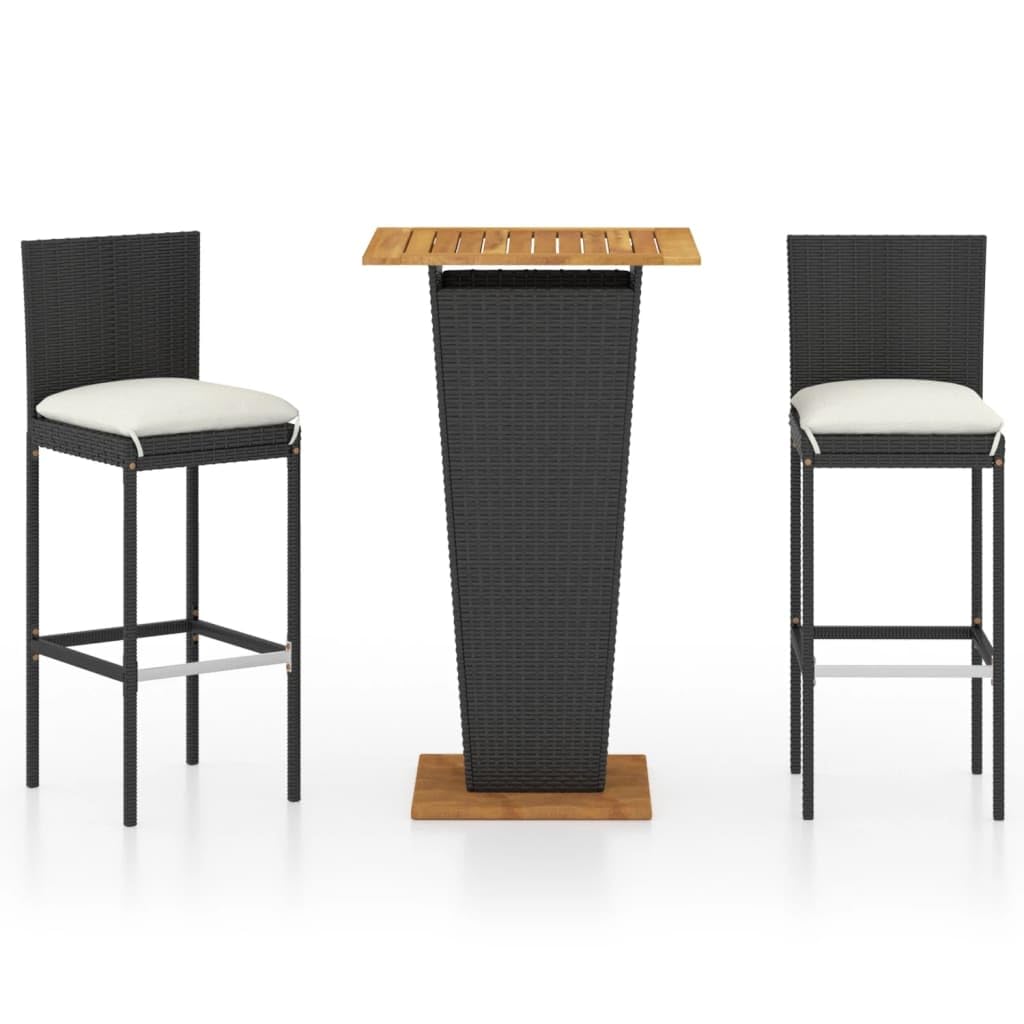 Premium 3-Piece Patio Bar Set with Cushions - Black Poly Rattan, Powder-Coated Steel Frame & Acacia Wood - Outdoor Furniture for Garden, Deck, Backyard - Perfect for Entertaining, Lounging & Outdoor Dining
