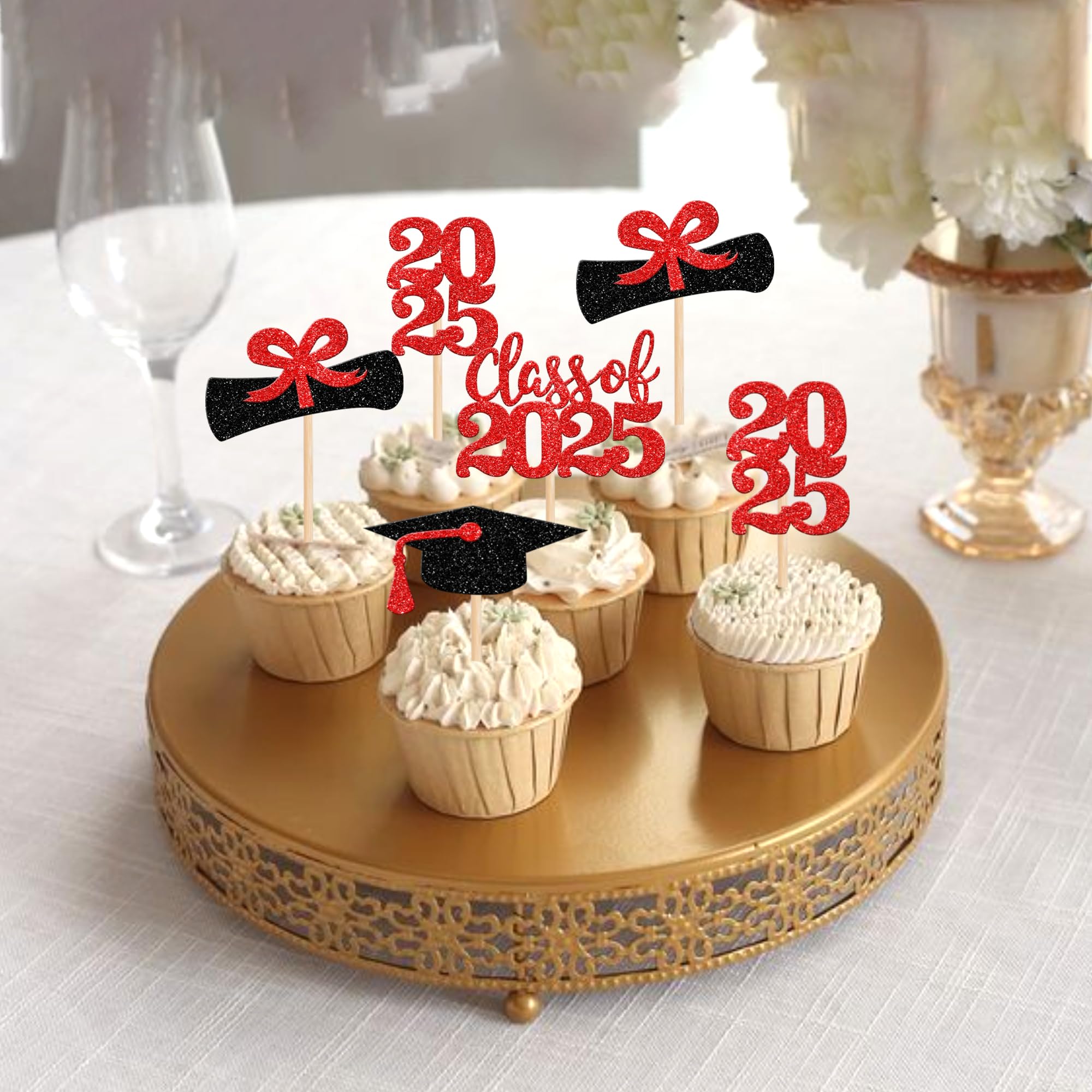 36 PCS 2025 Graduation Cupcake Toppers - Glitter Class of 2025 Caps & Diplomas Cake Decorations for Graduation Party Supplies (Red) - Perfect for Graduation Cakes, Cupcakes, and Dessert Tables